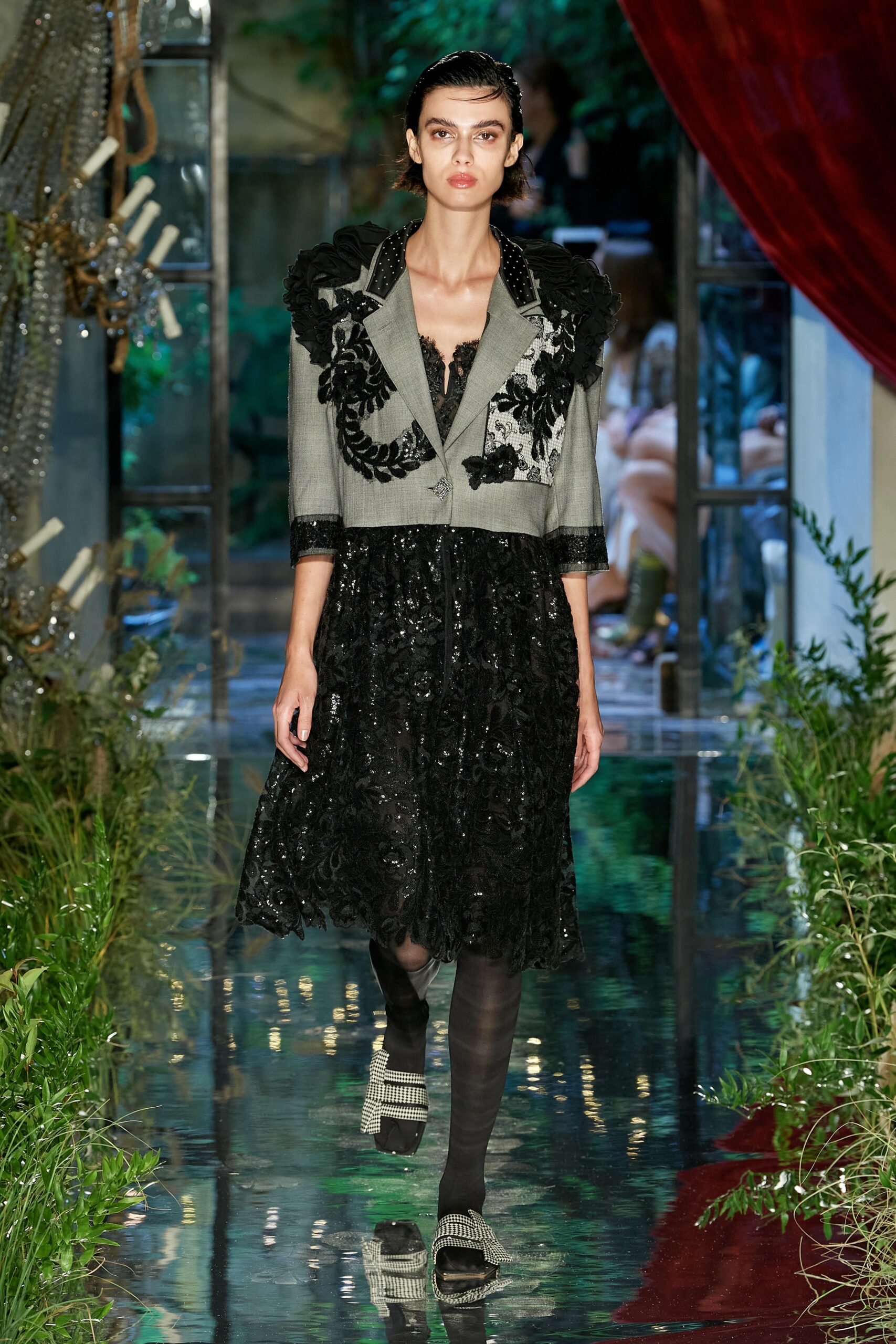 black lace midi dress with gray jacket