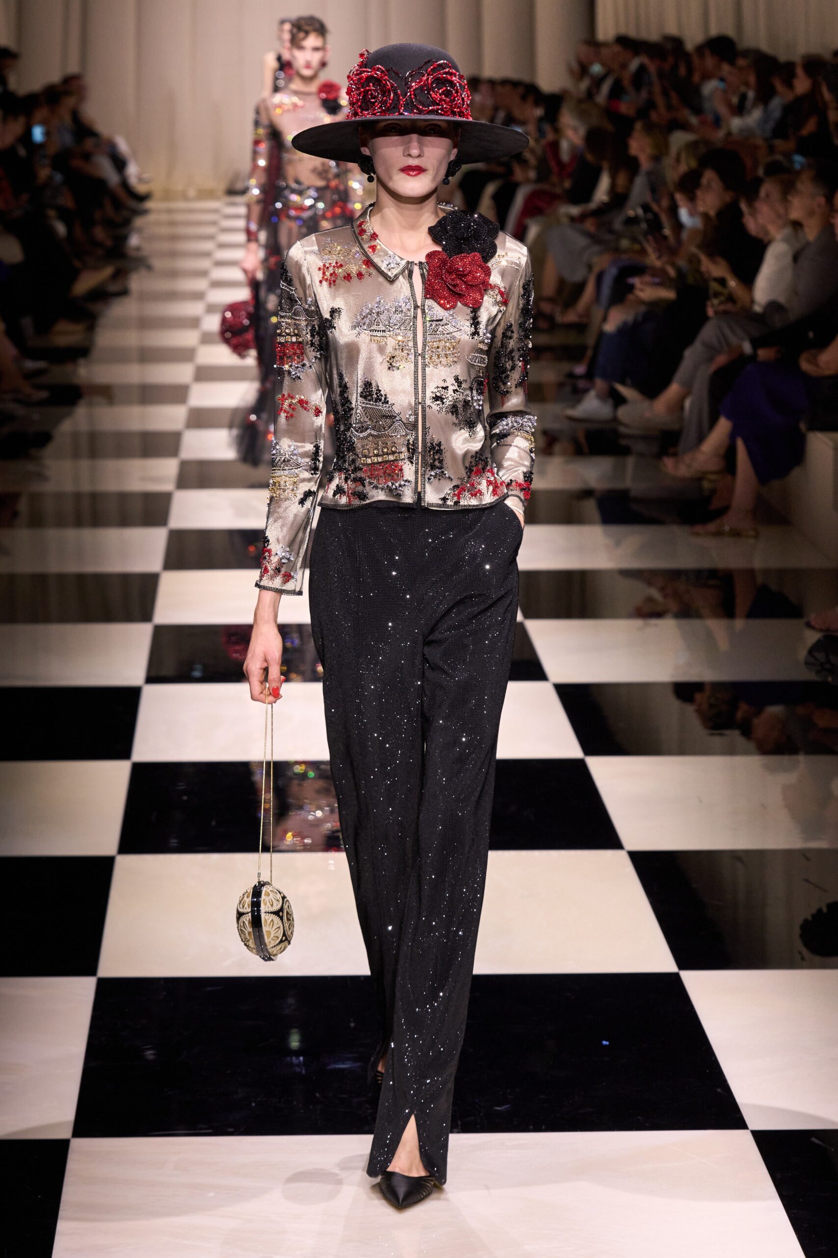 embroidered silk jacket with tailored pants
