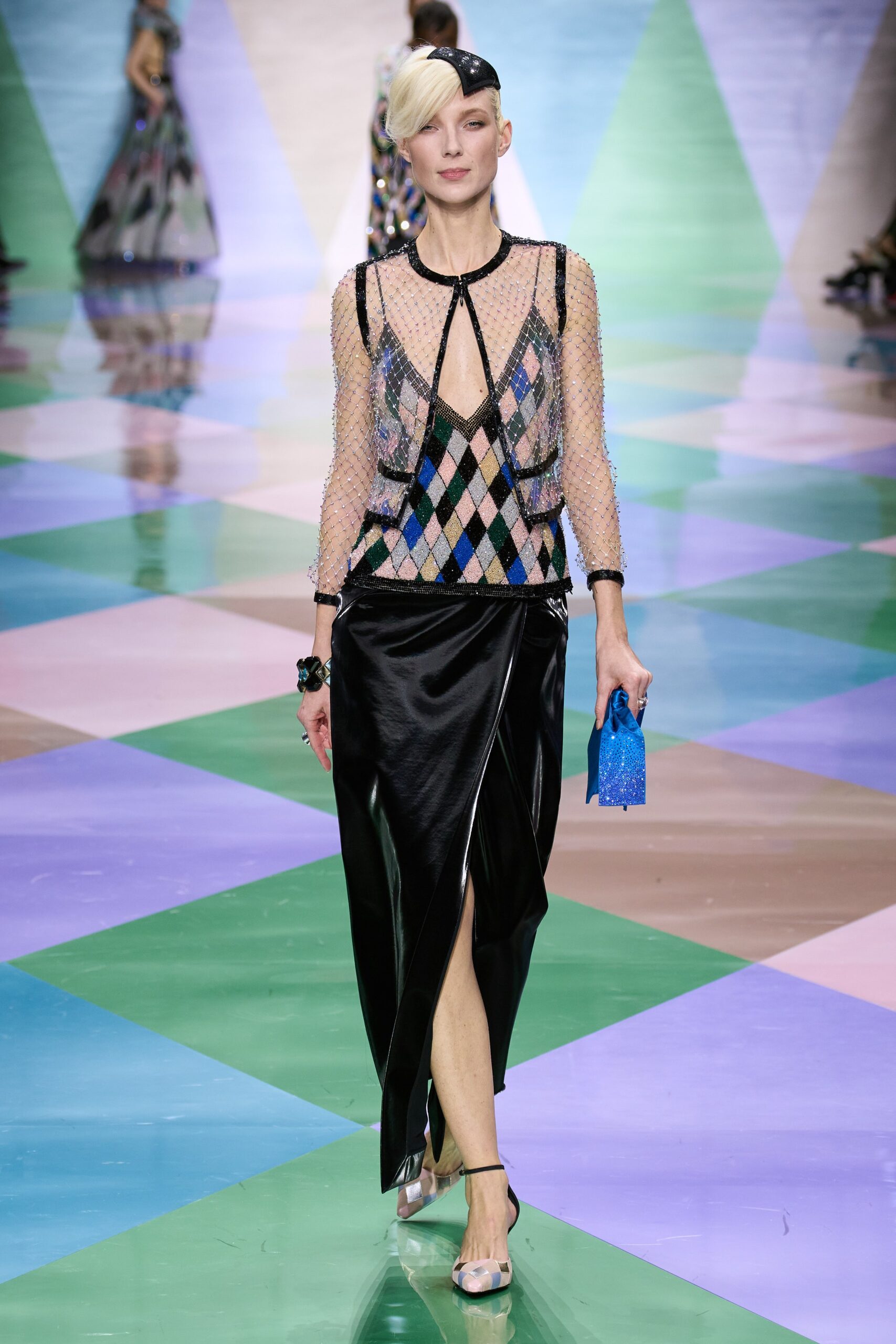 fitted black mesh top and skirt