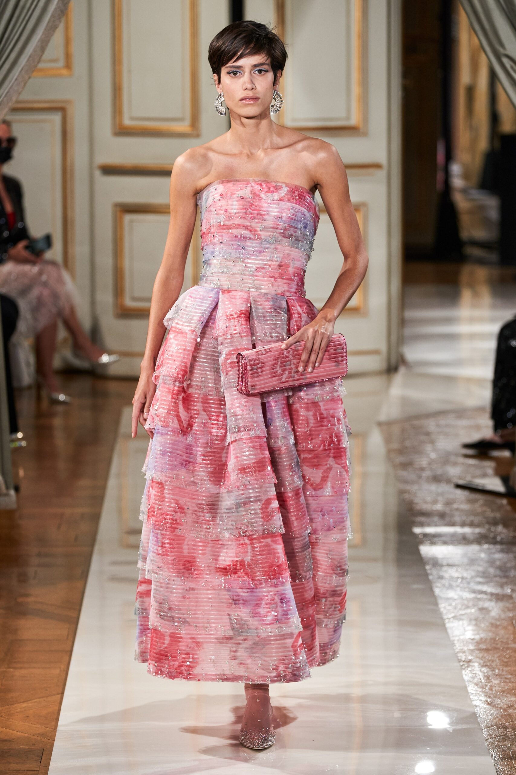 pink pleated strapless gown