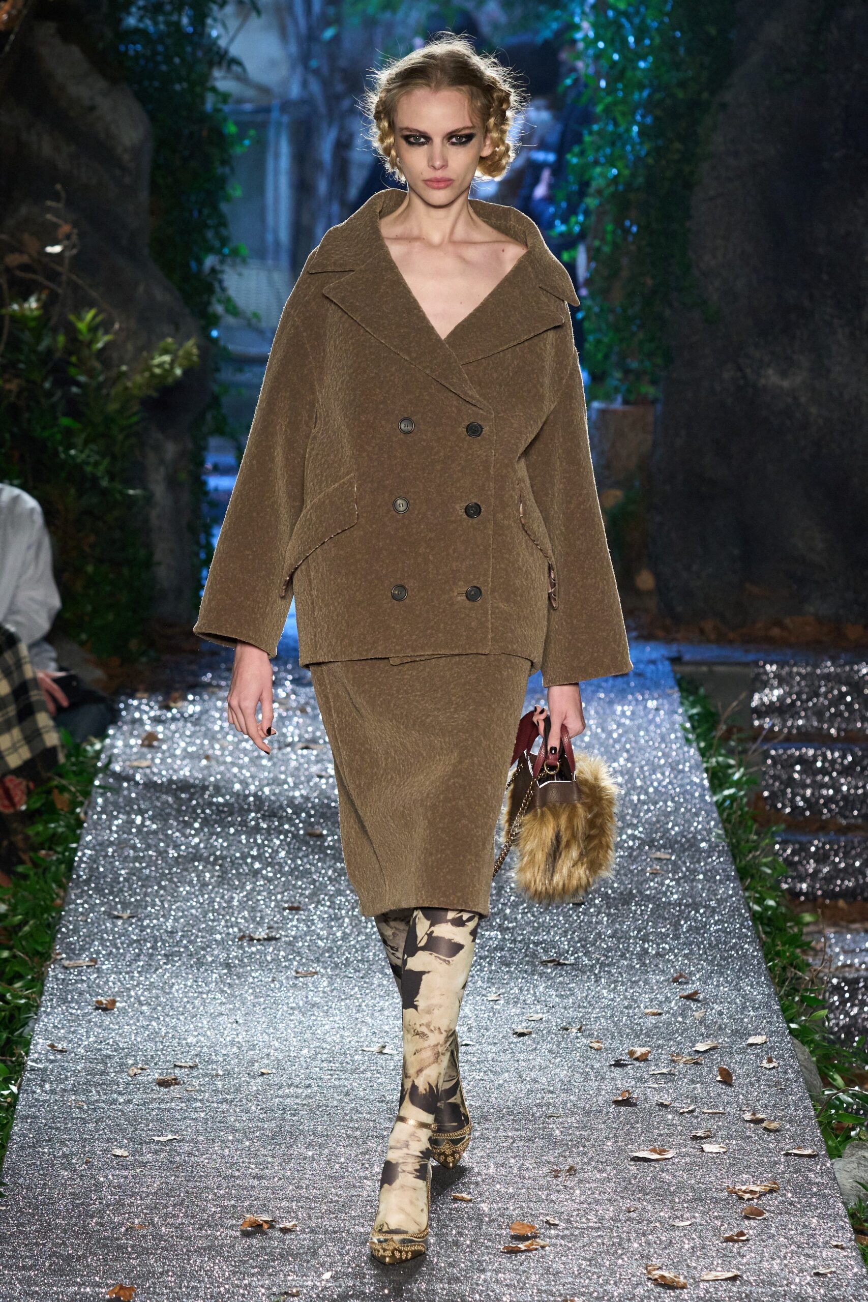 brown wool coat and skirt