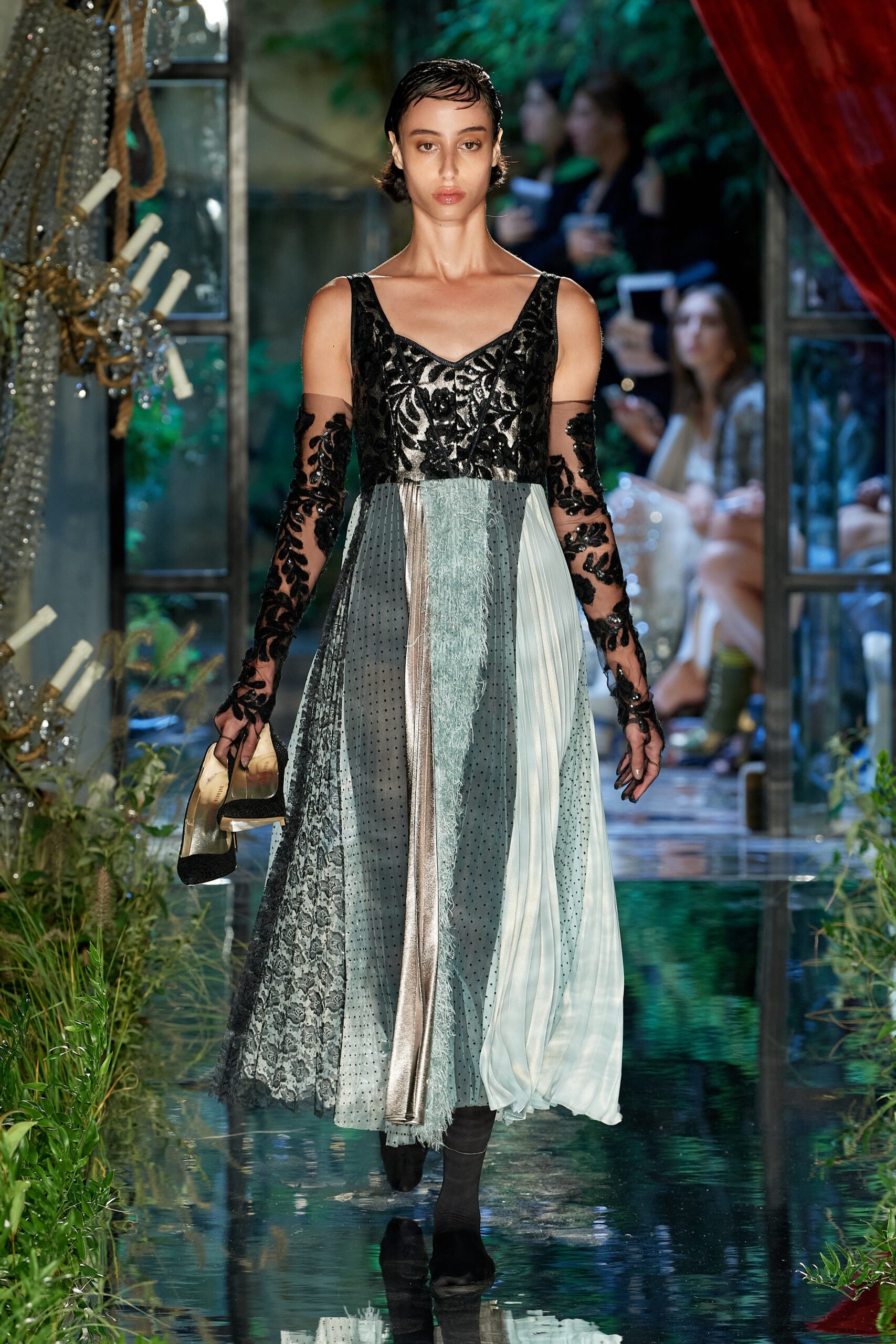 black and blue pleated midi dress with gloves