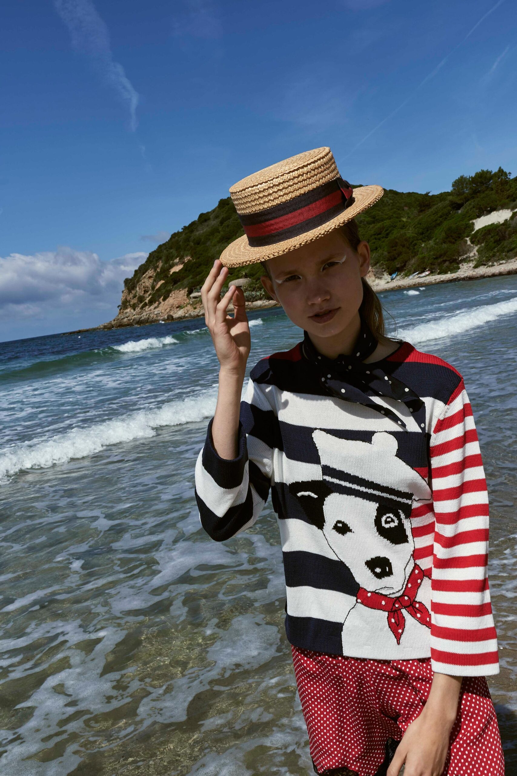 striped sweater with polka-dot shorts