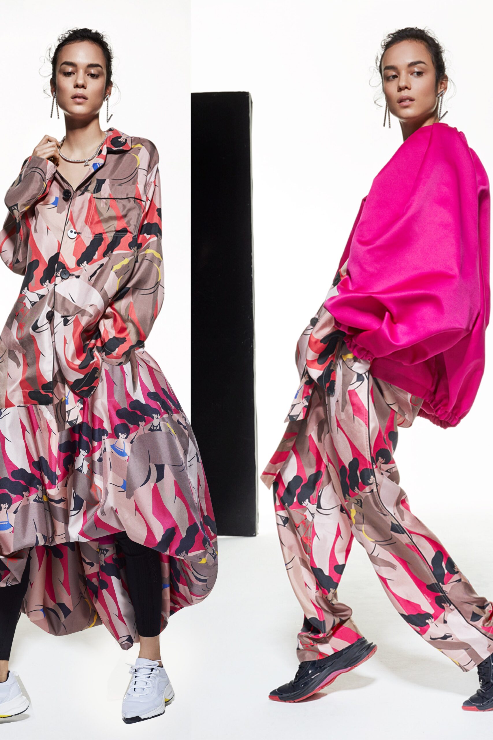 pink printed maxi dress and pants