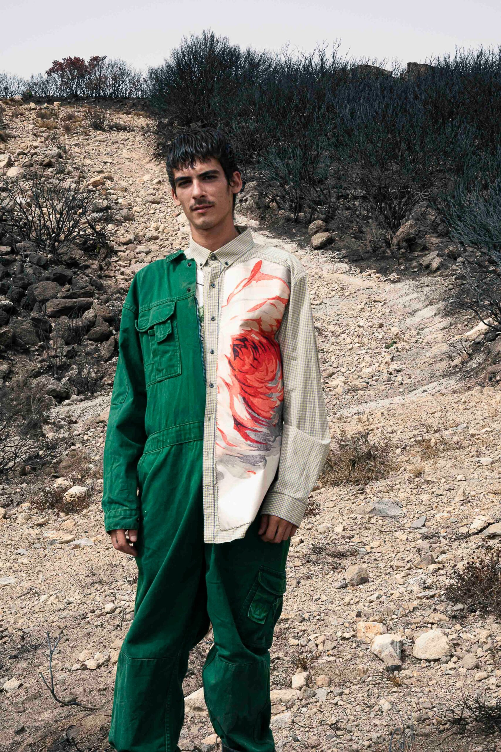 green relaxed jumpsuit with printed shirt