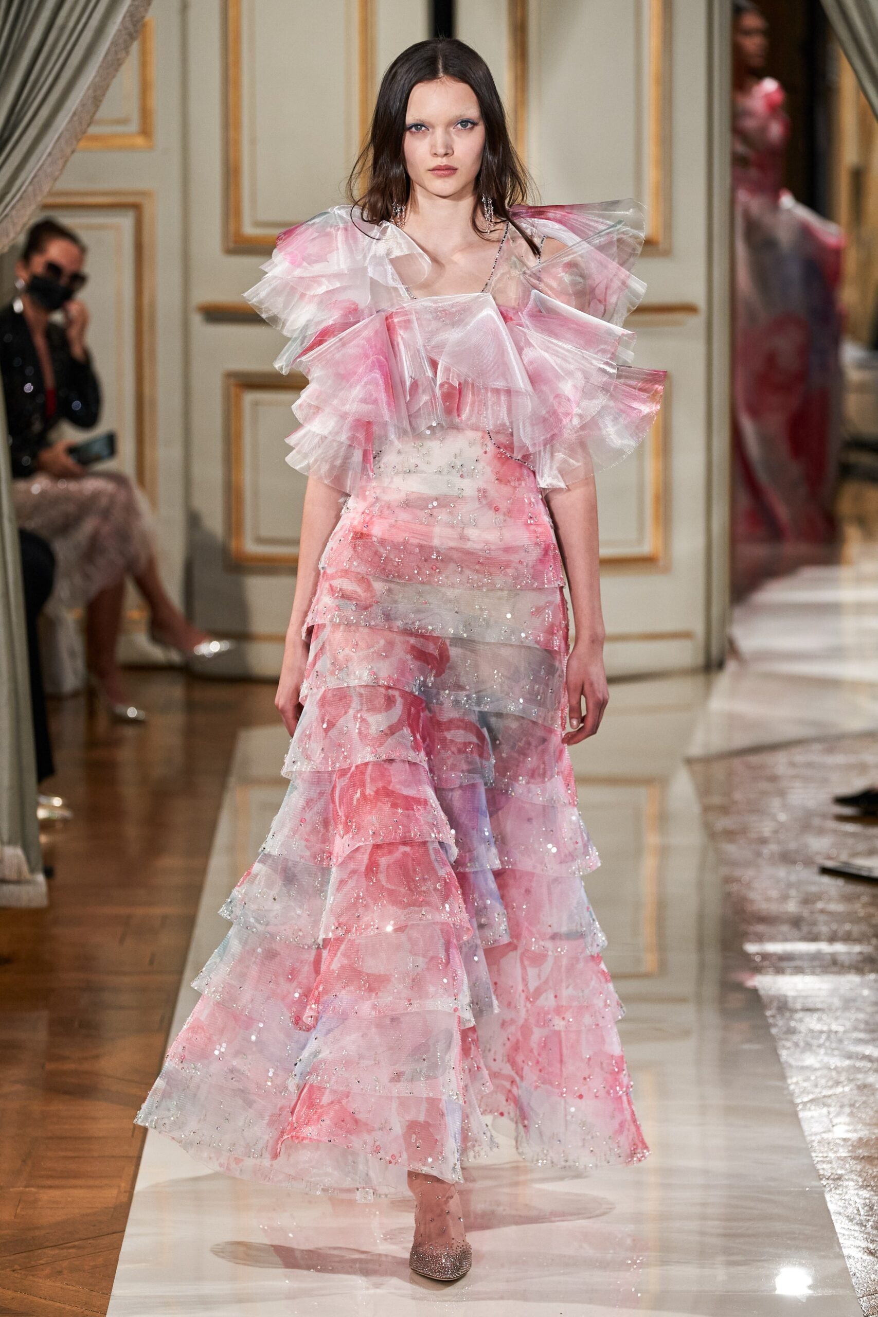 pink and white ruffled gown