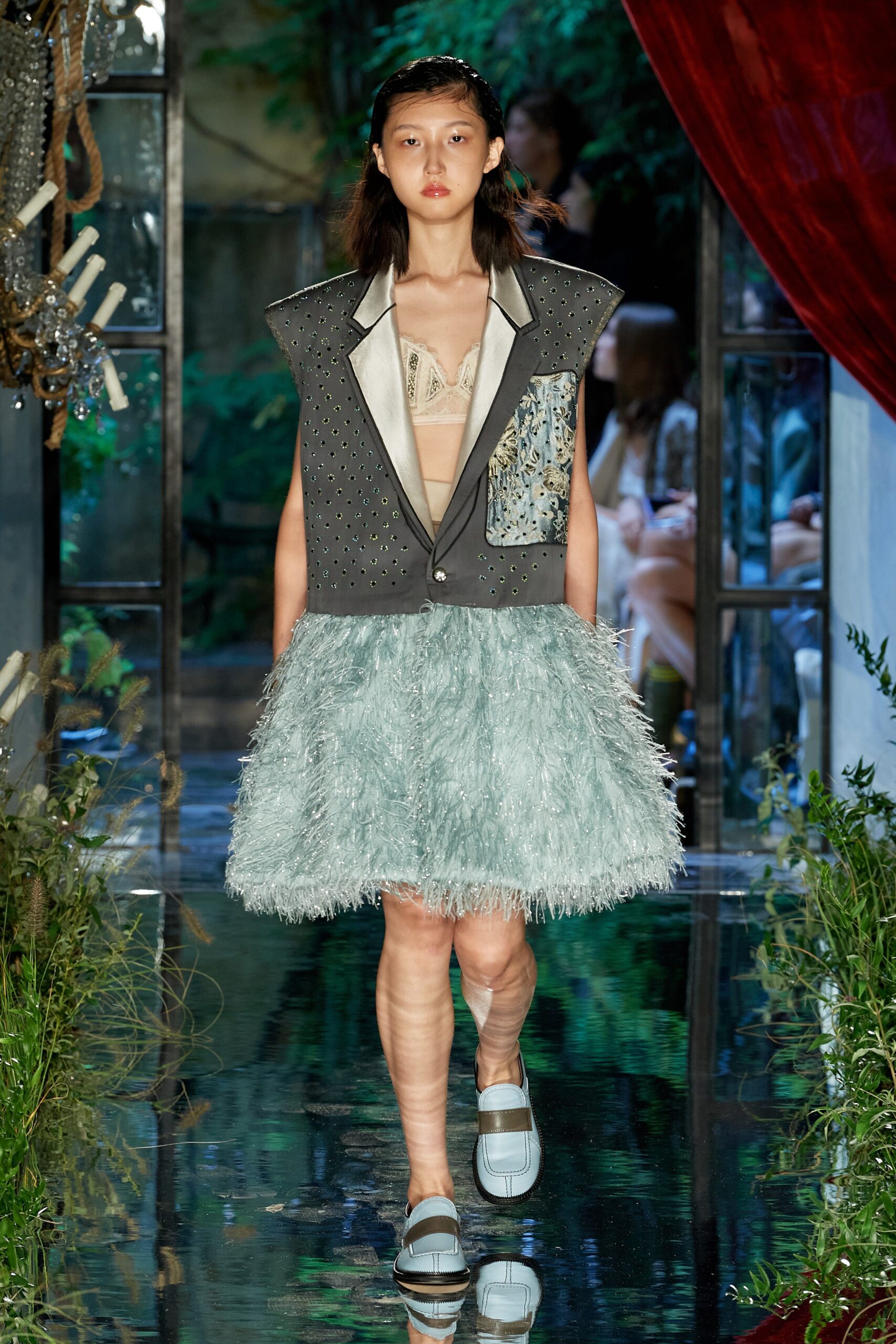 gray blazer with blue tulle skirt