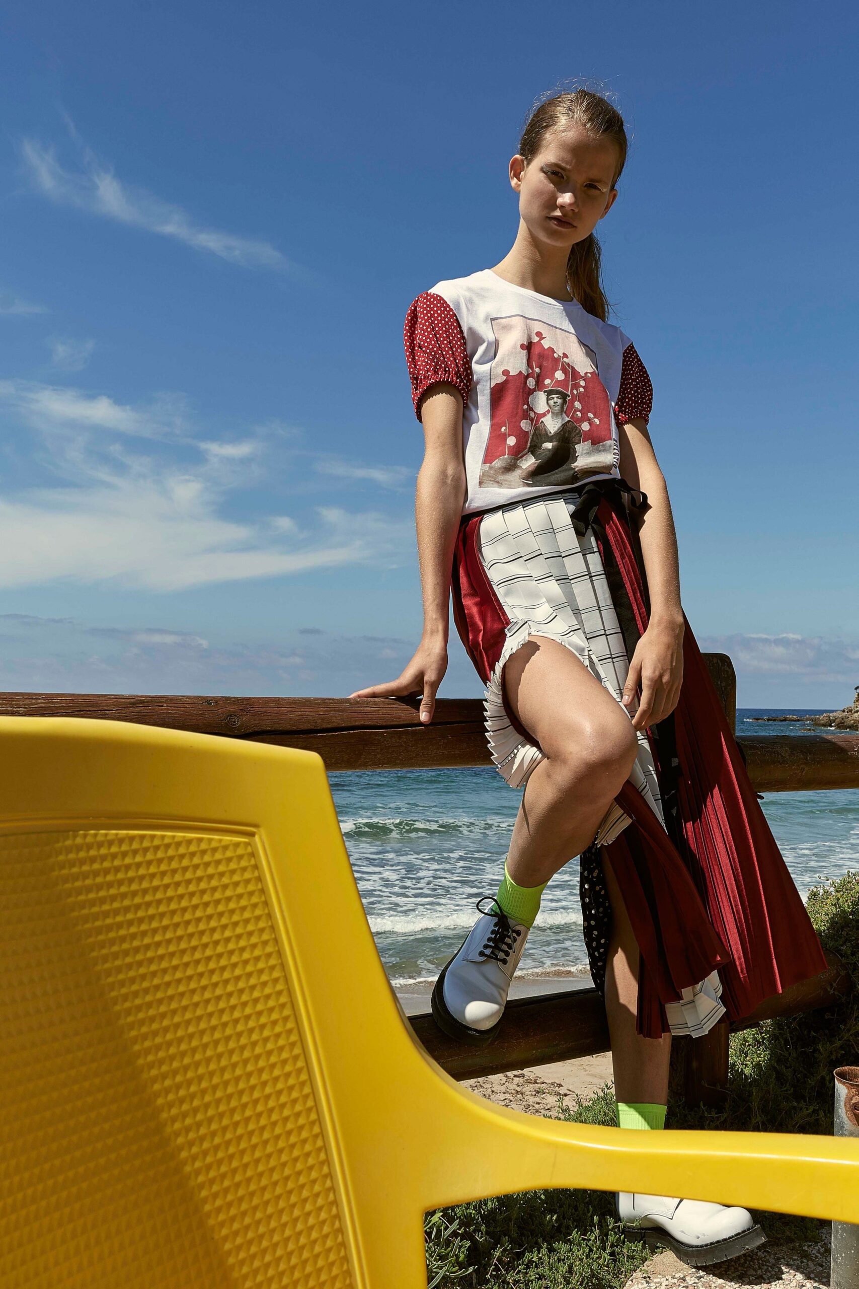 fitted top and pleated skirt