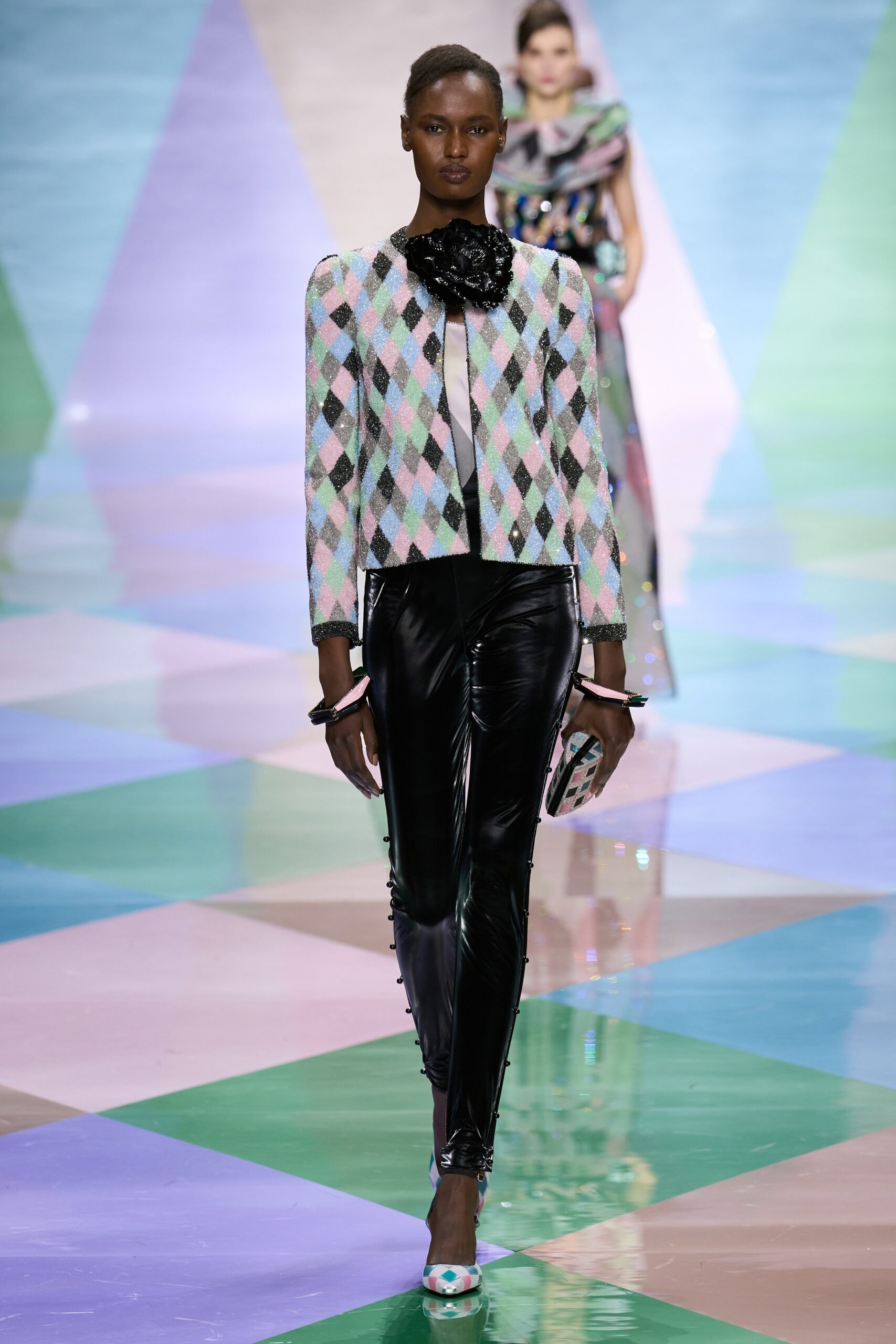 fitted color-blocked jacket with slim pants