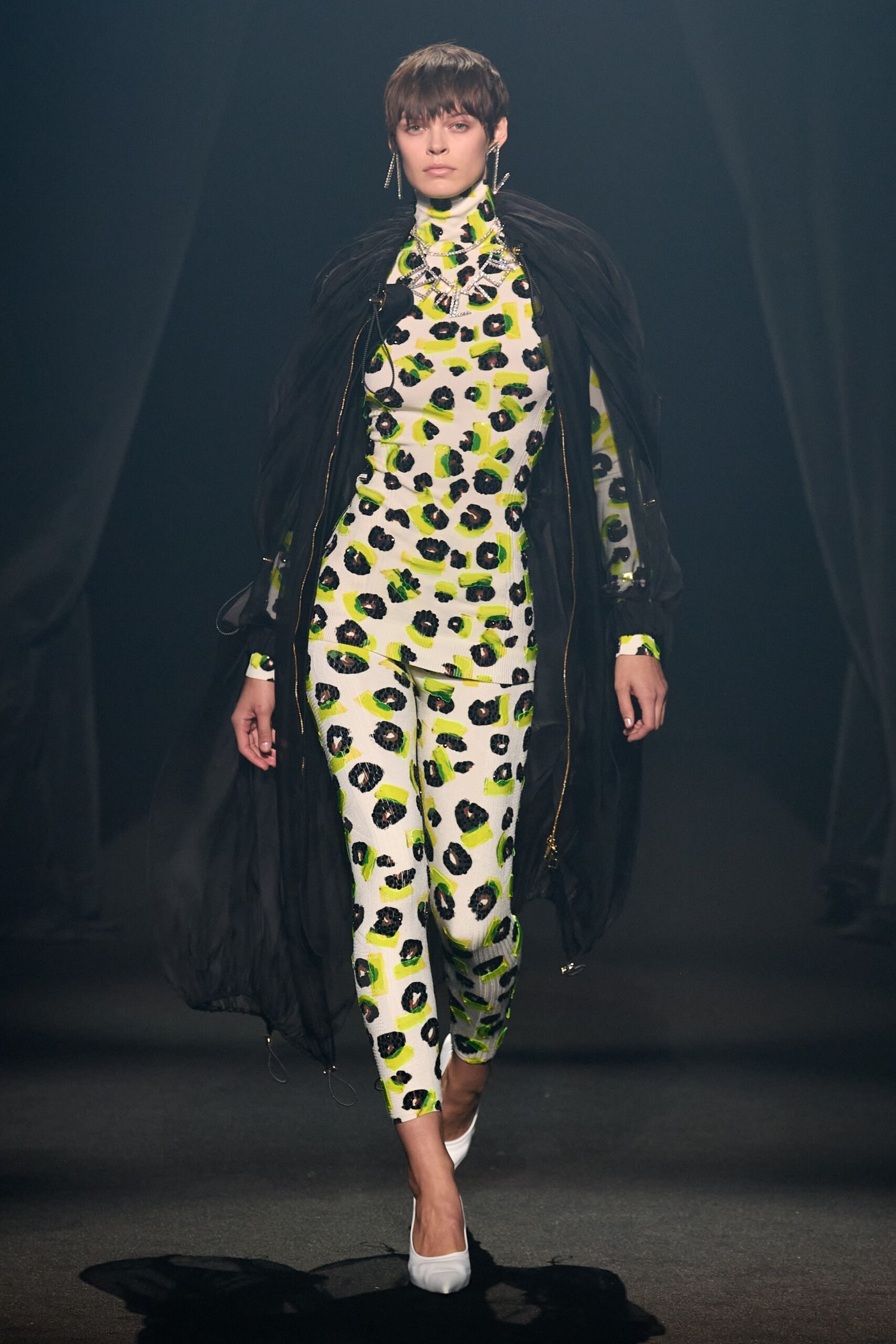 fitted printed catsuit with black cape