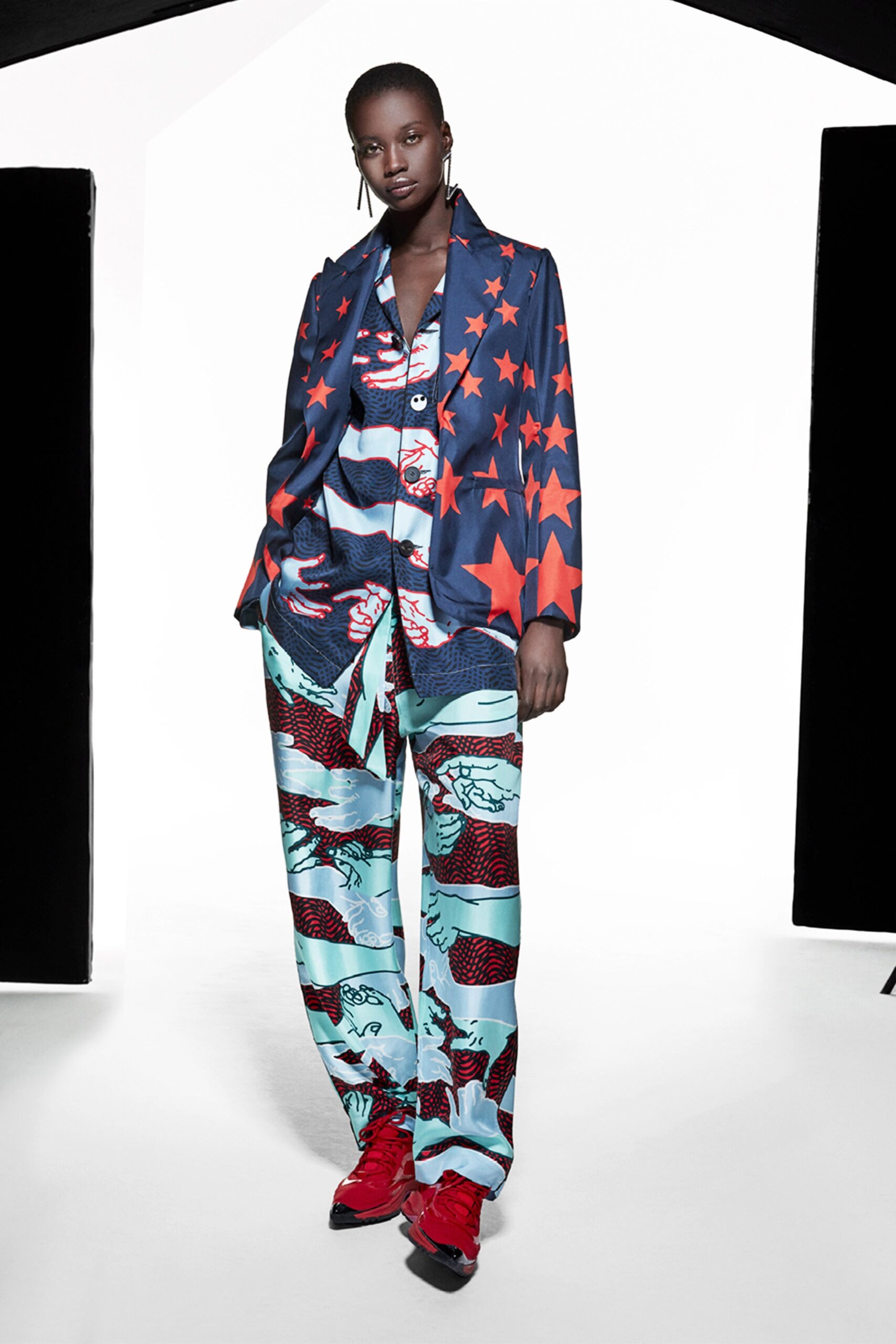 printed blue and red blazer with pants