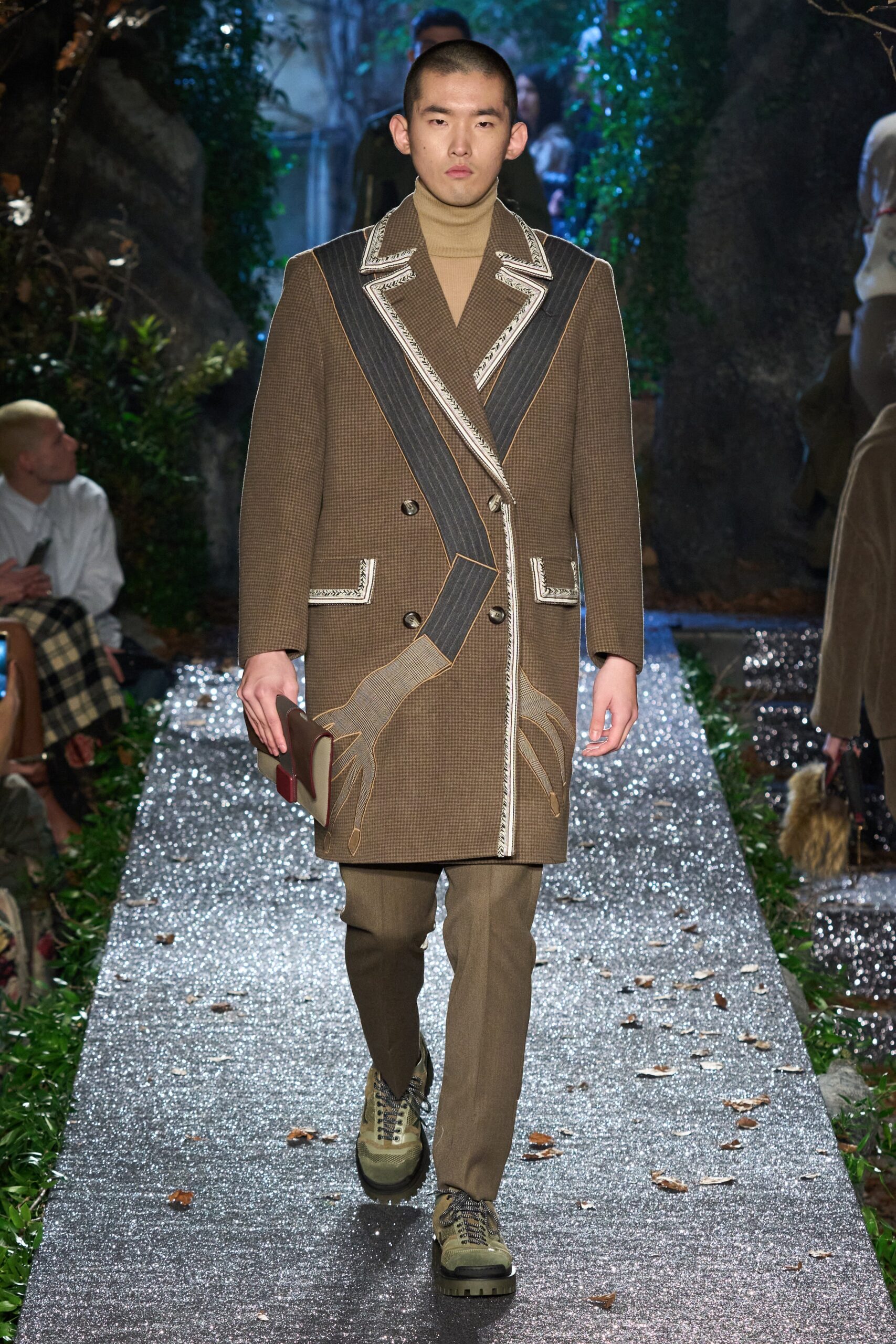 brown wool coat with embroidered details