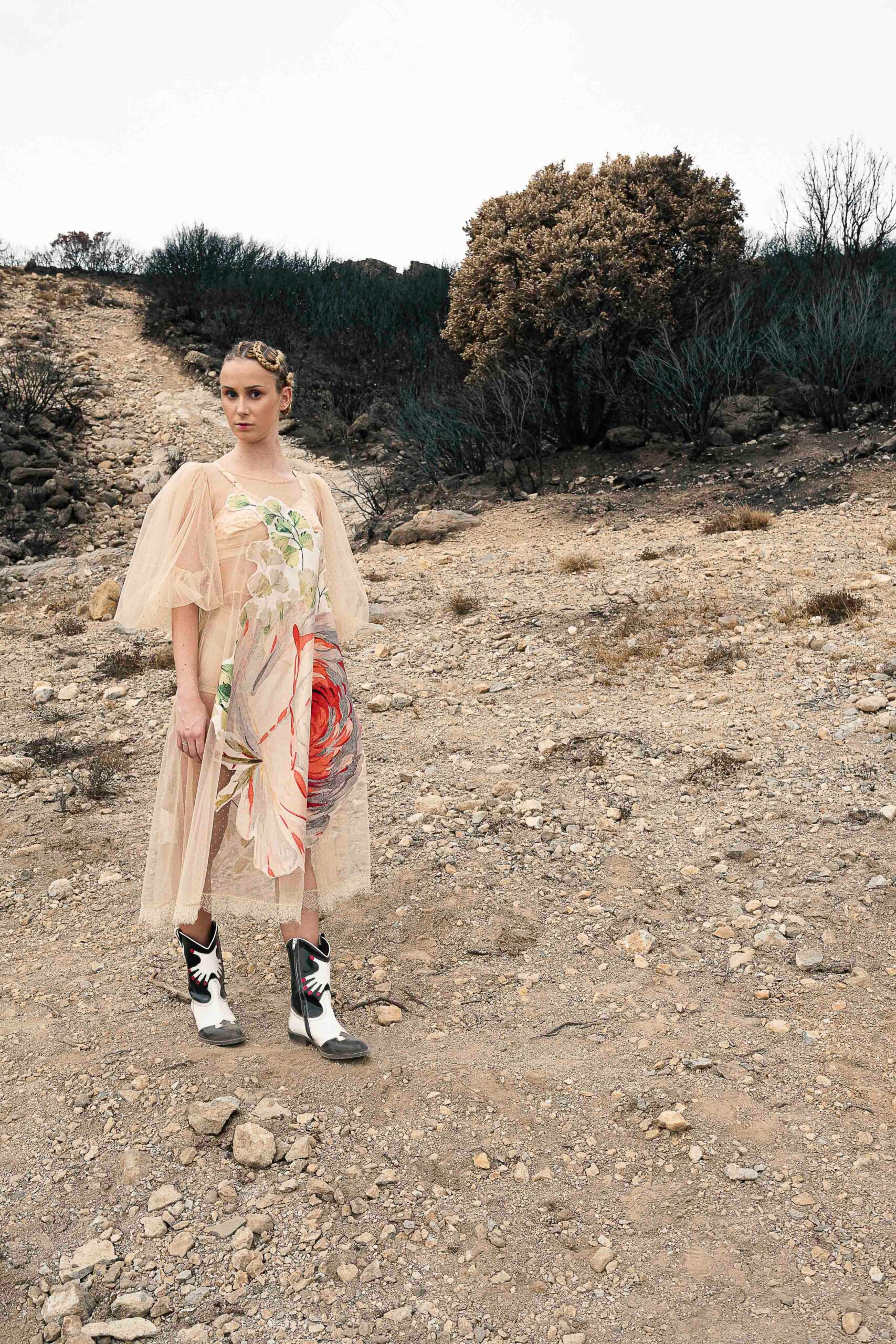 beige floral midi dress with boots