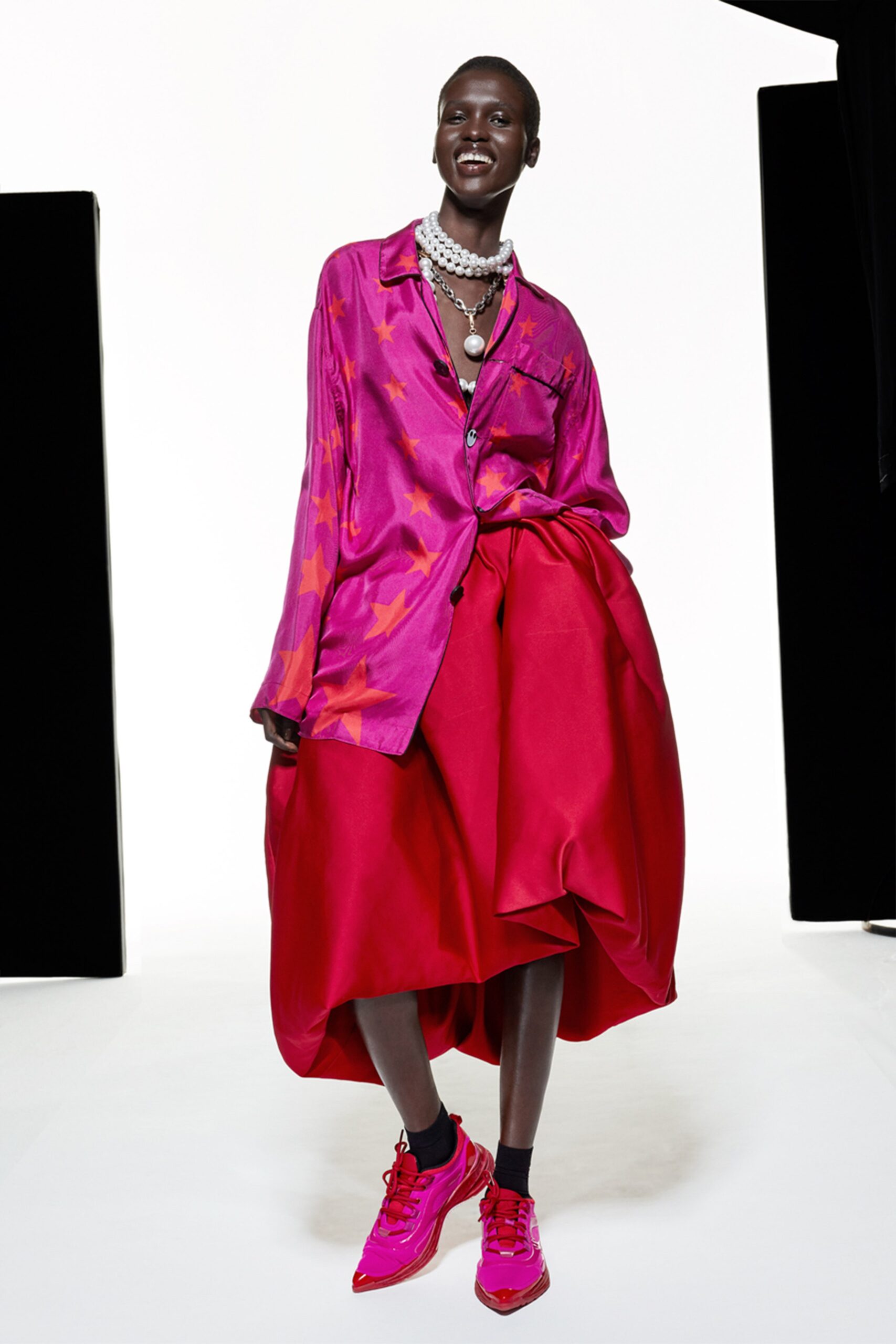 pink silk long-sleeve collared relaxed printed shirt