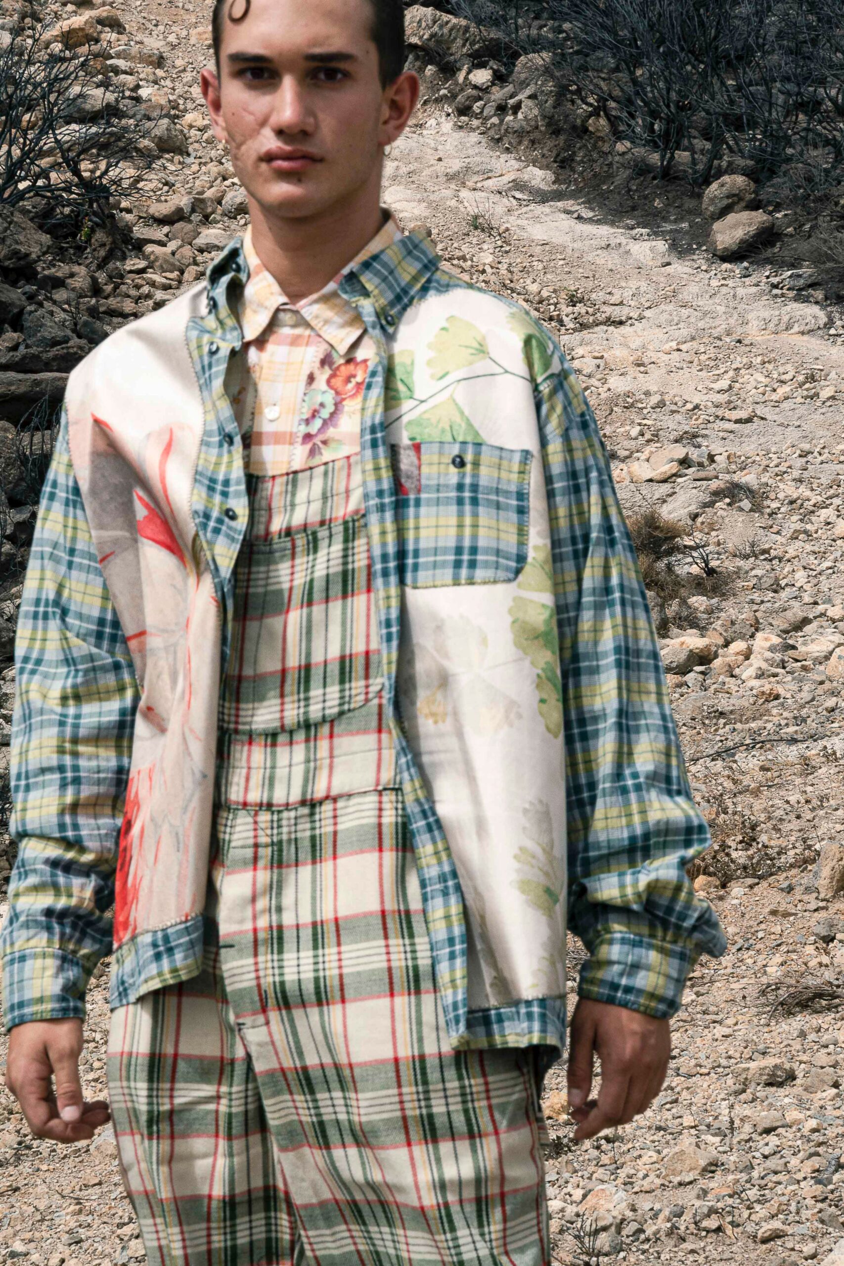 beige cotton fitted checked overalls