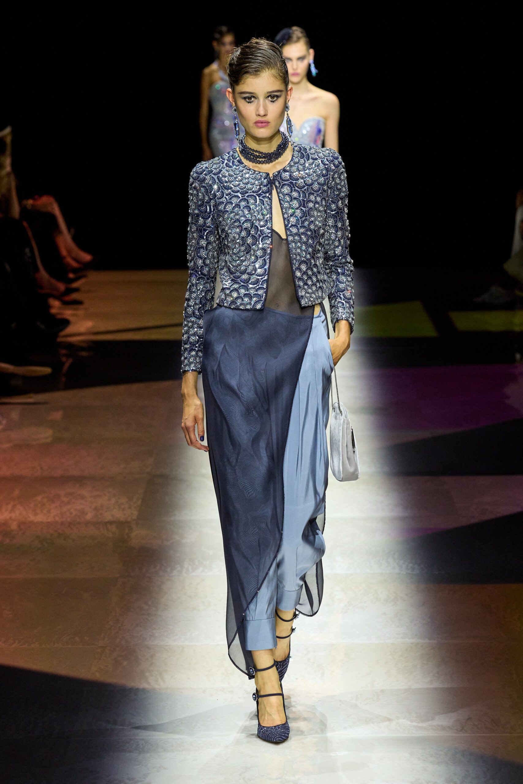 blue embroidered jacket and layered dress