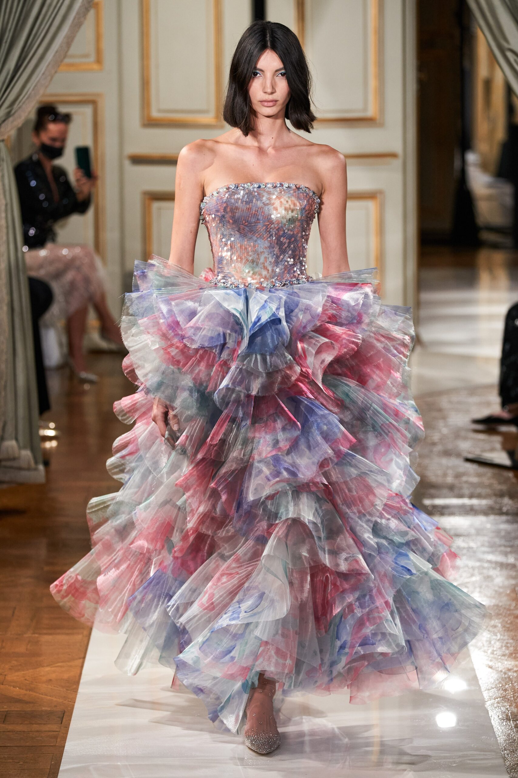 multi-colored ruffled gown