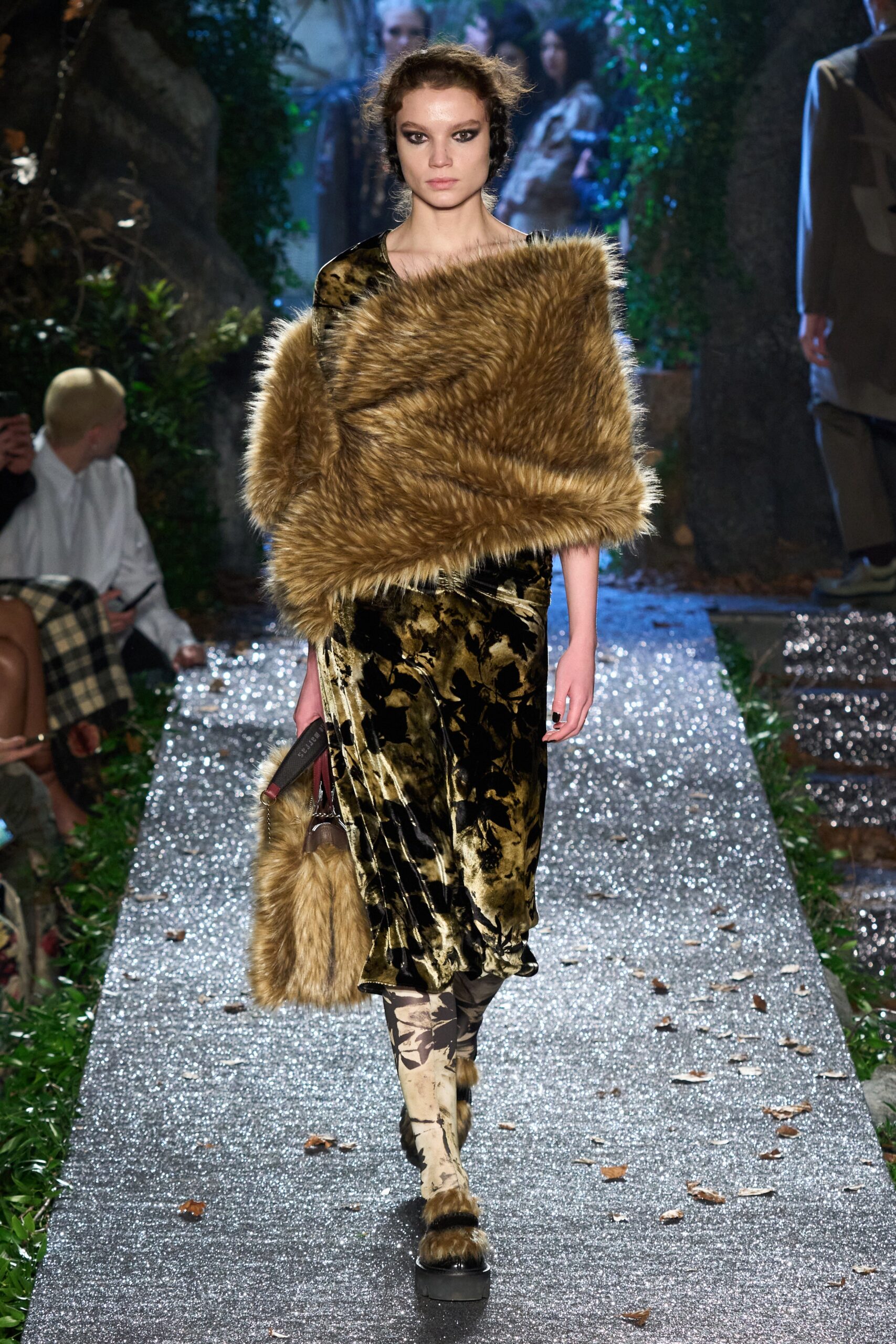 green velvet midi dress with fur cape