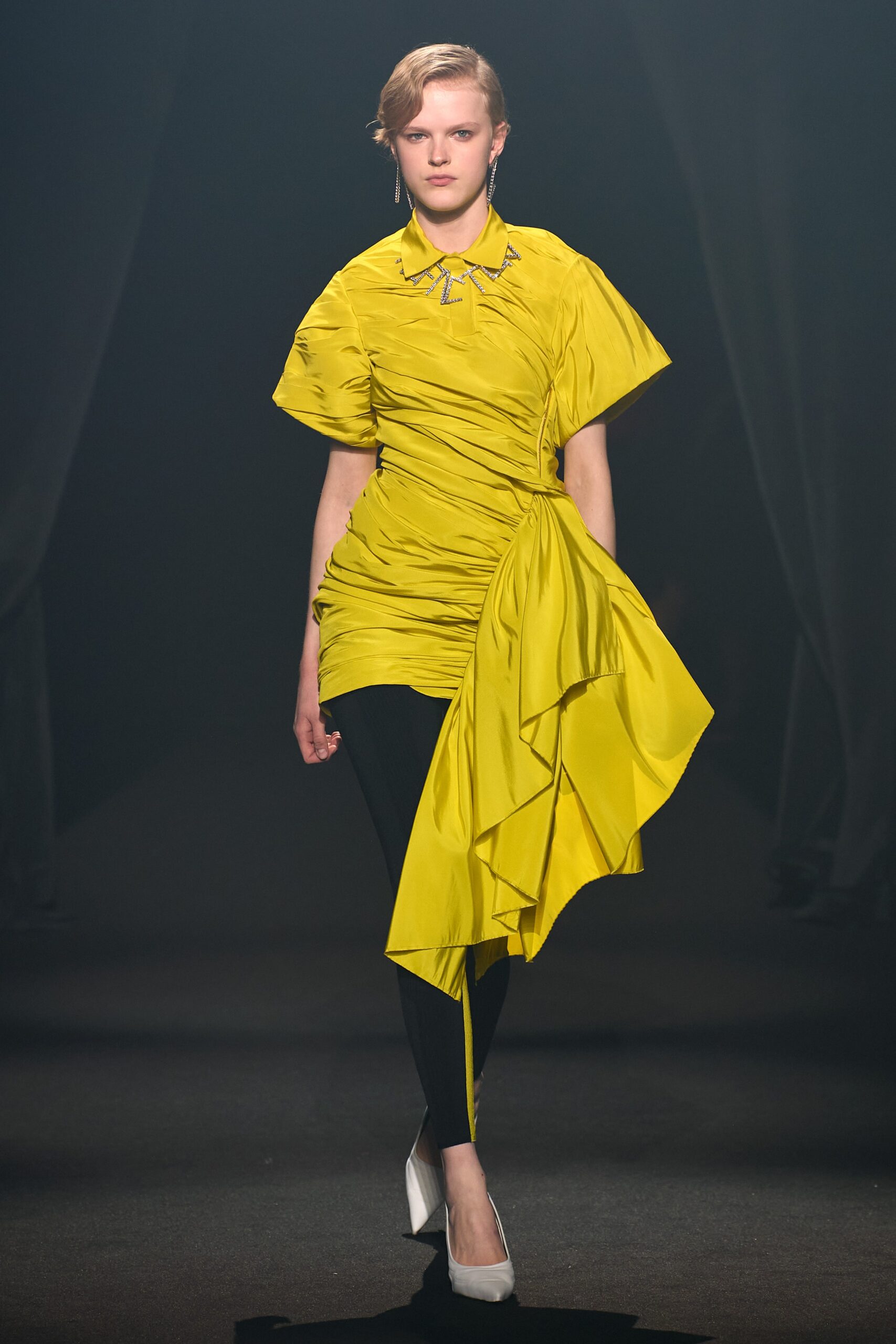 yellow silk short-sleeve high-neck fitted draped mini dress