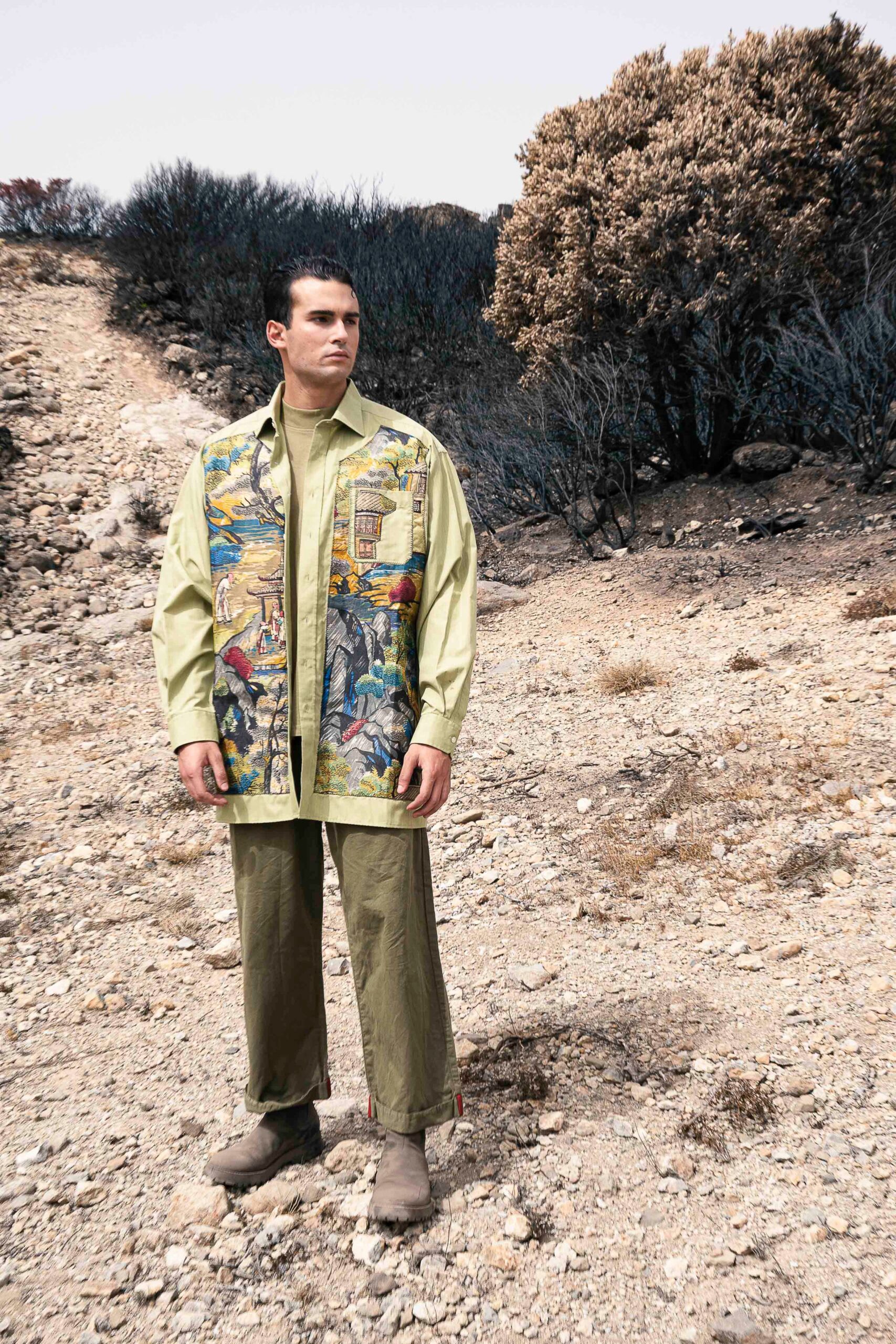 green printed shirt and pants