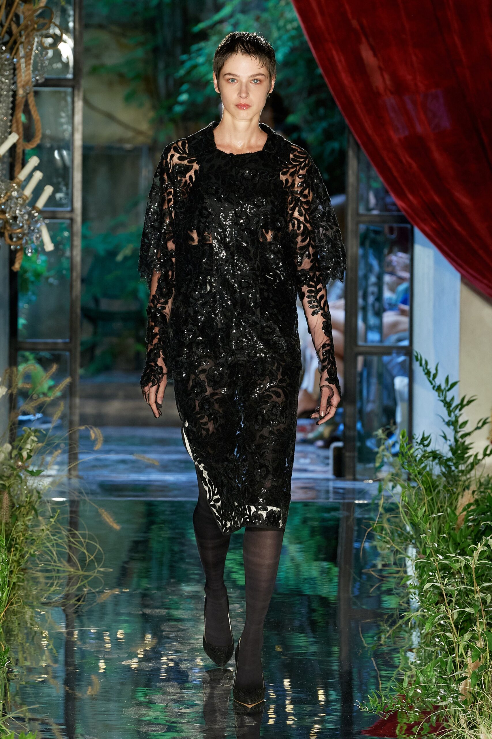 black lace sequin midi dress