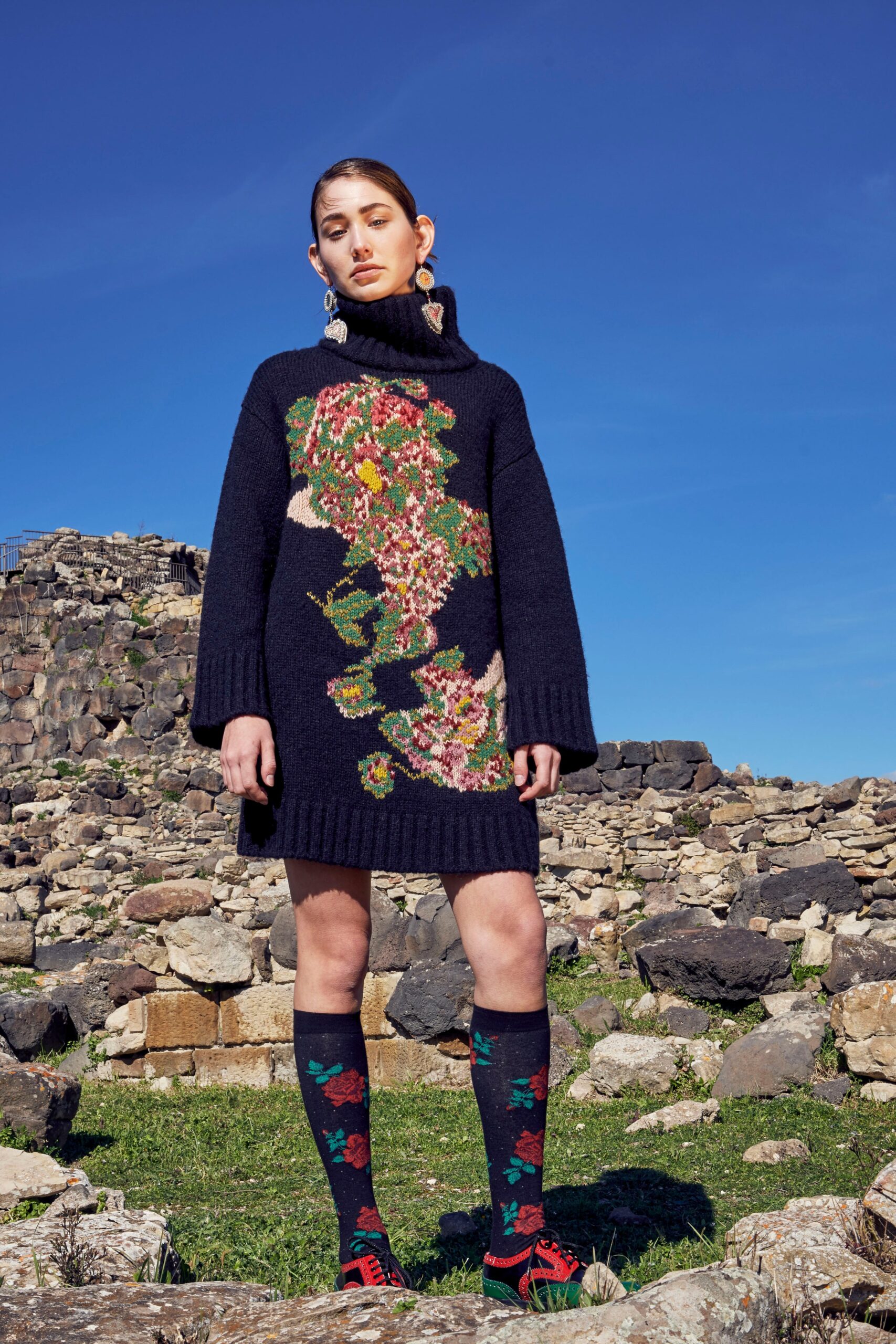 blue wool long-sleeve turtleneck relaxed embroidered short sweater