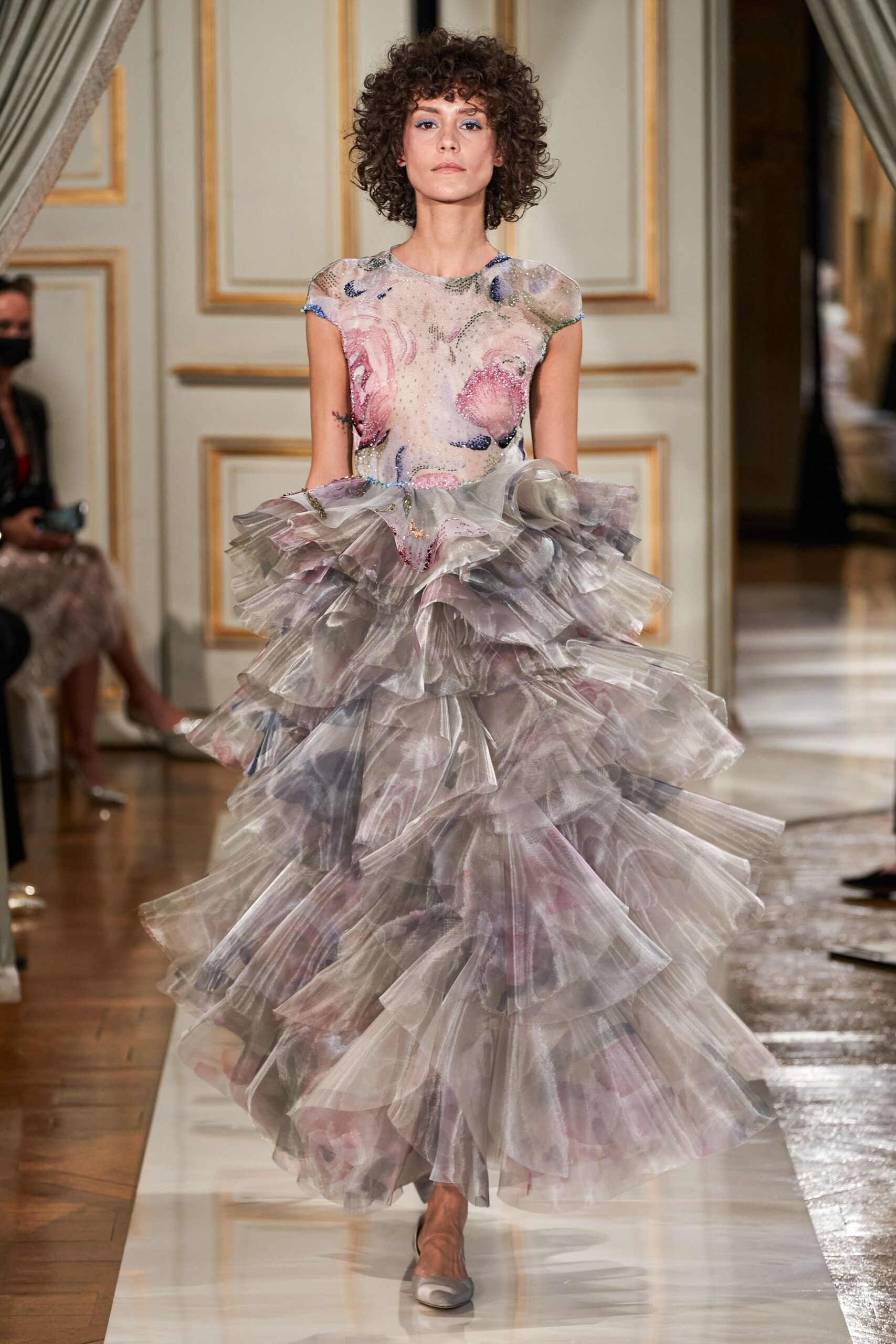 pink gray ruffled tulle gown