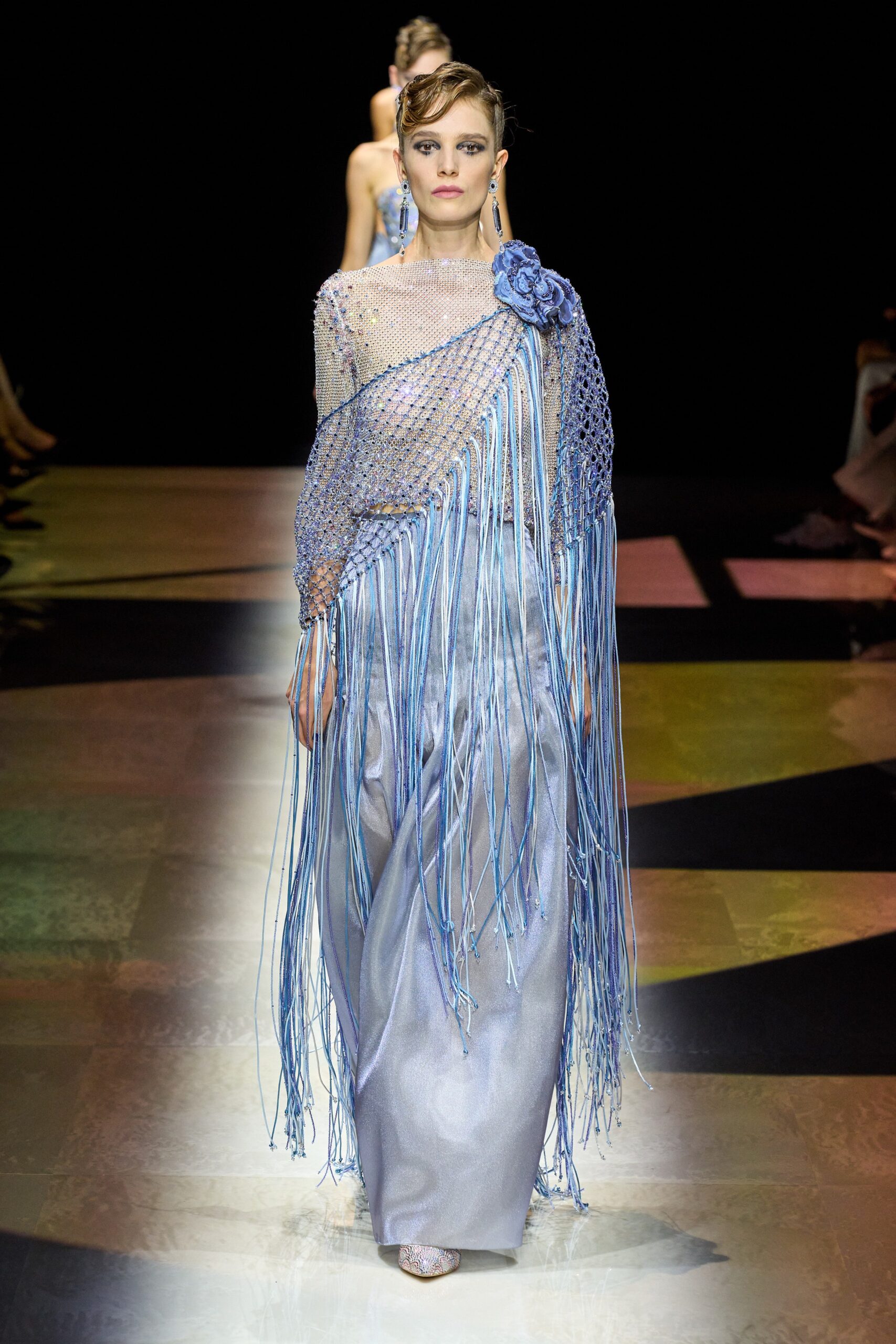 blue silk fringed gown
