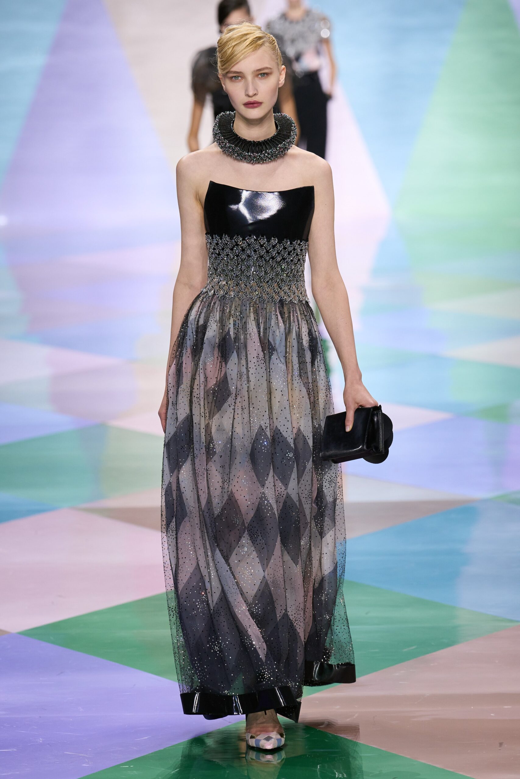 black and gray pleated gown