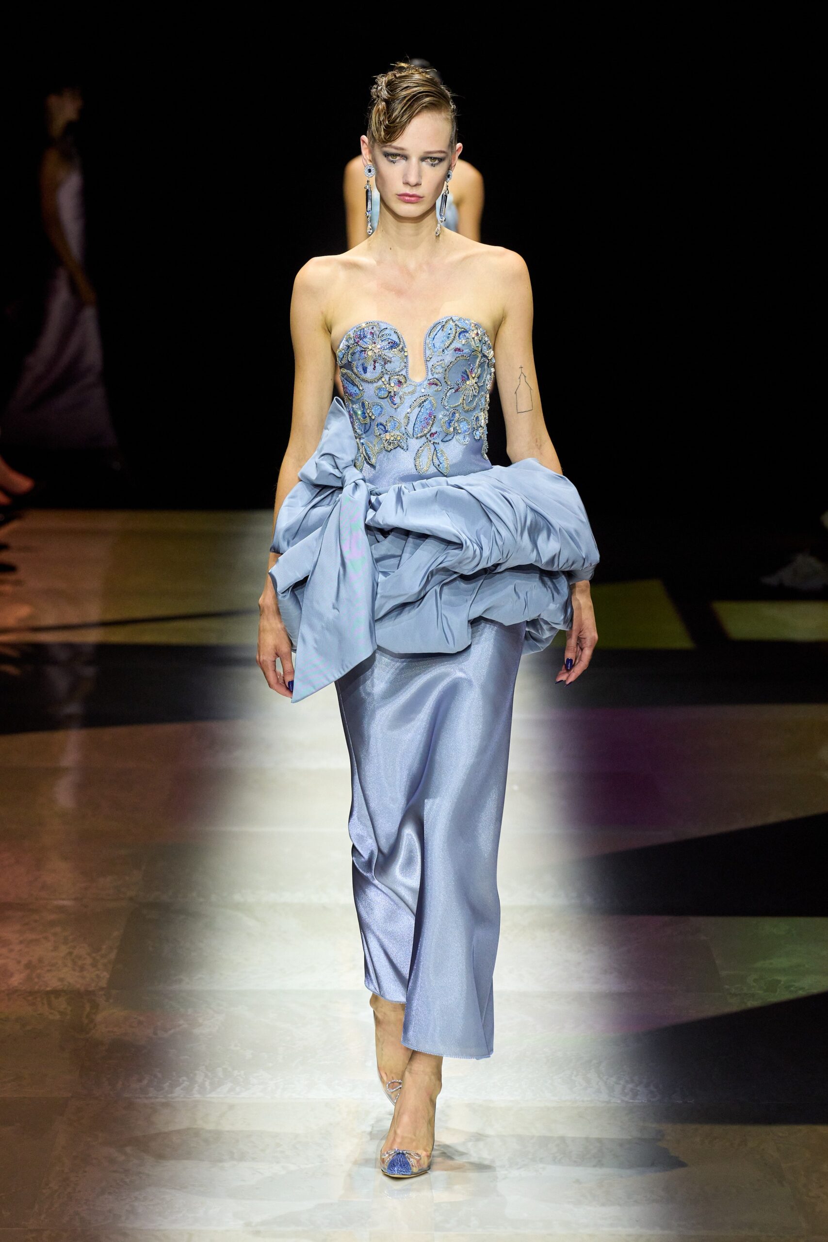 blue silk strapless gown