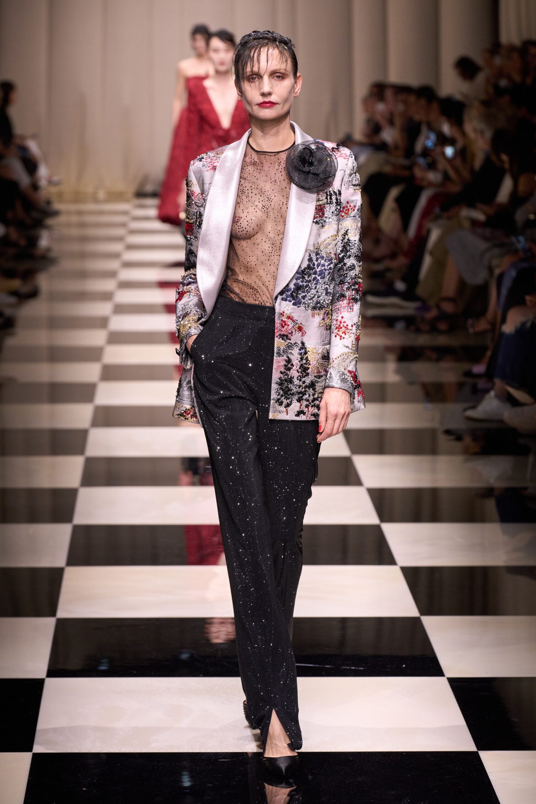 multi-colored silk blazer with fitted pants