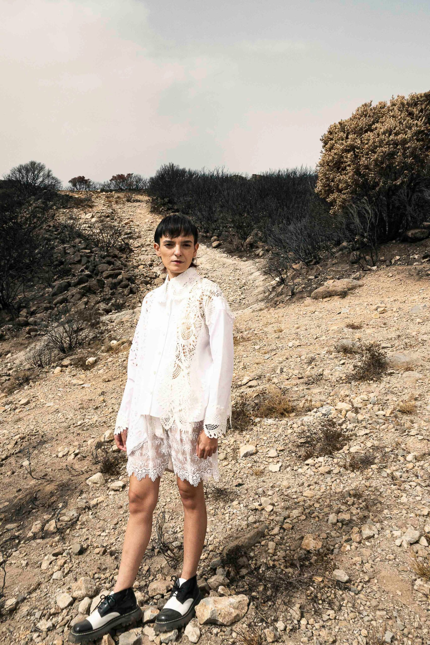 white embroidered shirt and shorts