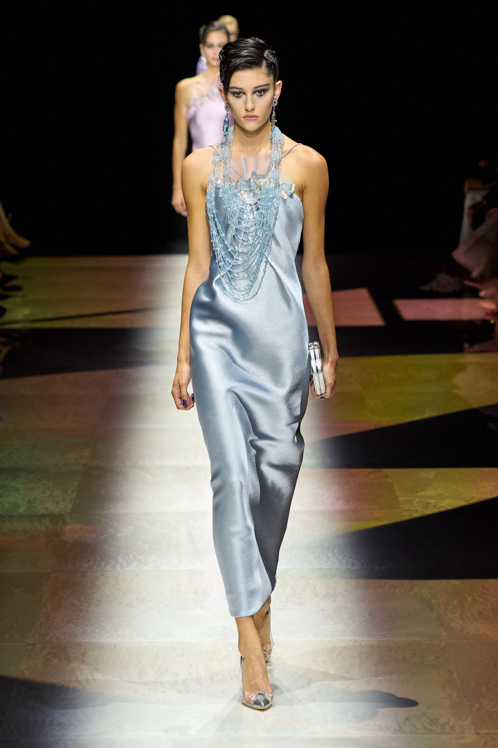 blue silk sleeveless dress