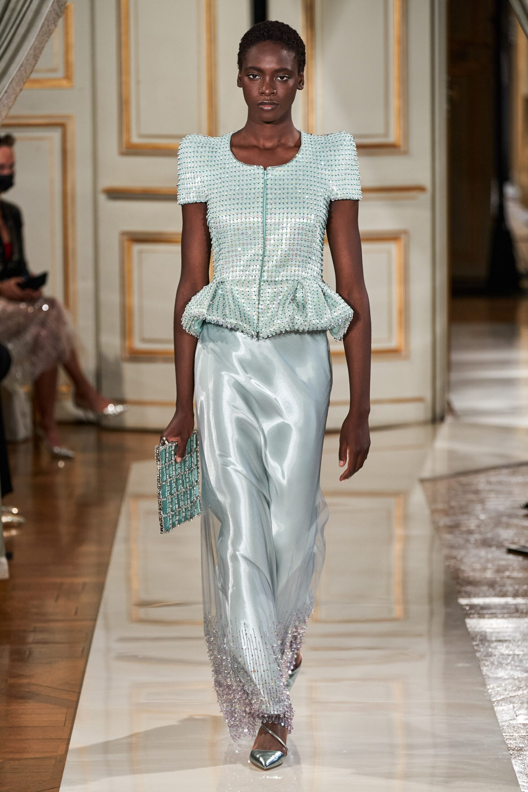 blue silk top and skirt