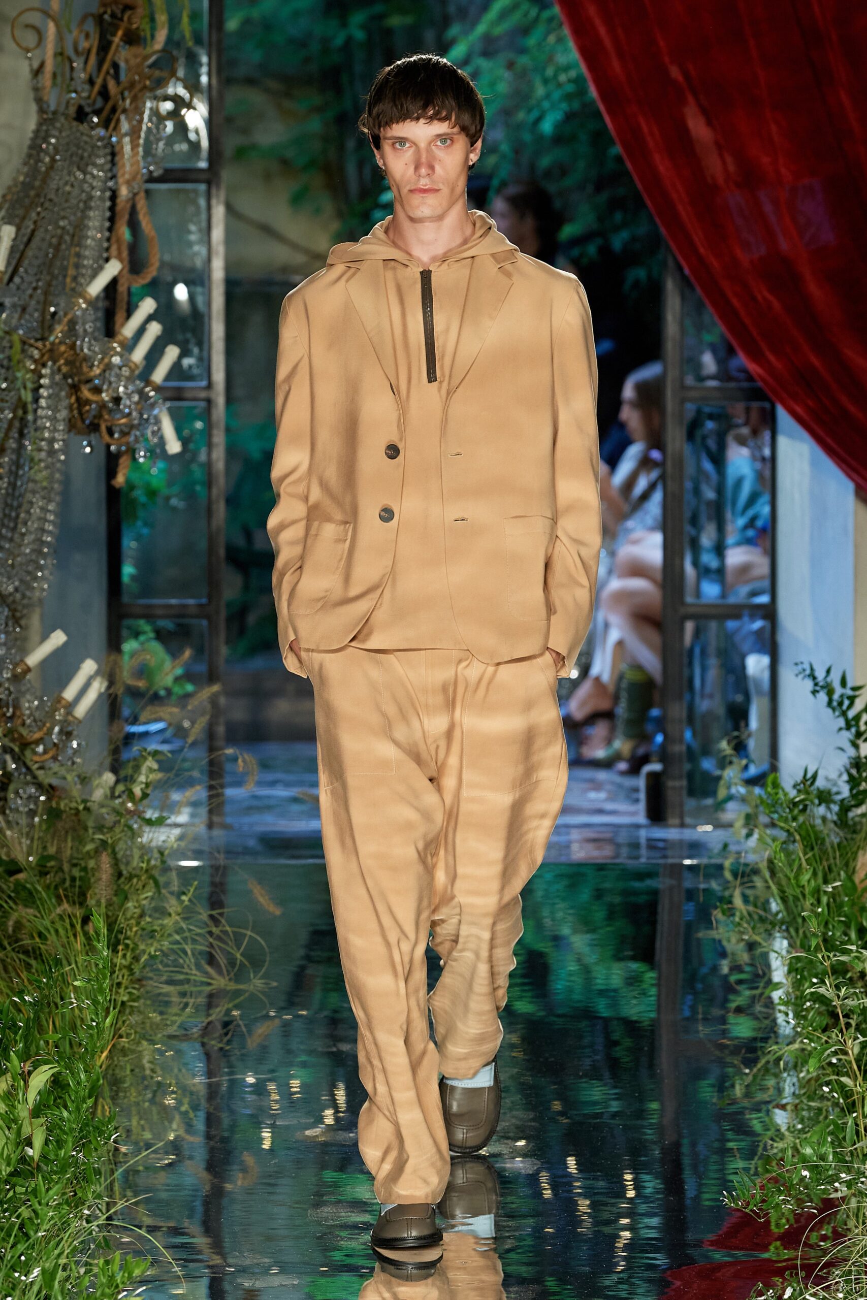 beige tailored silk suit