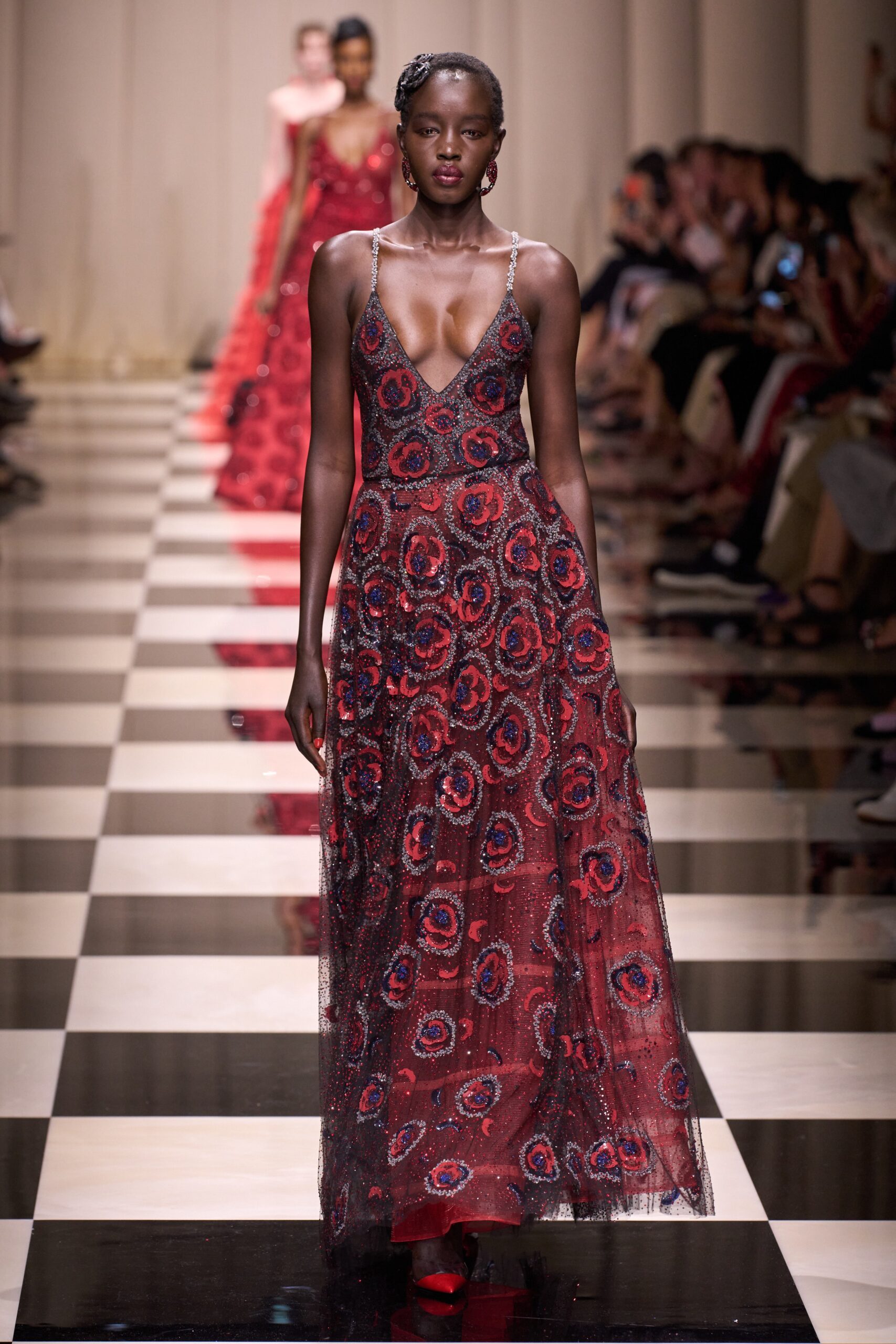 red lace embroidered gown