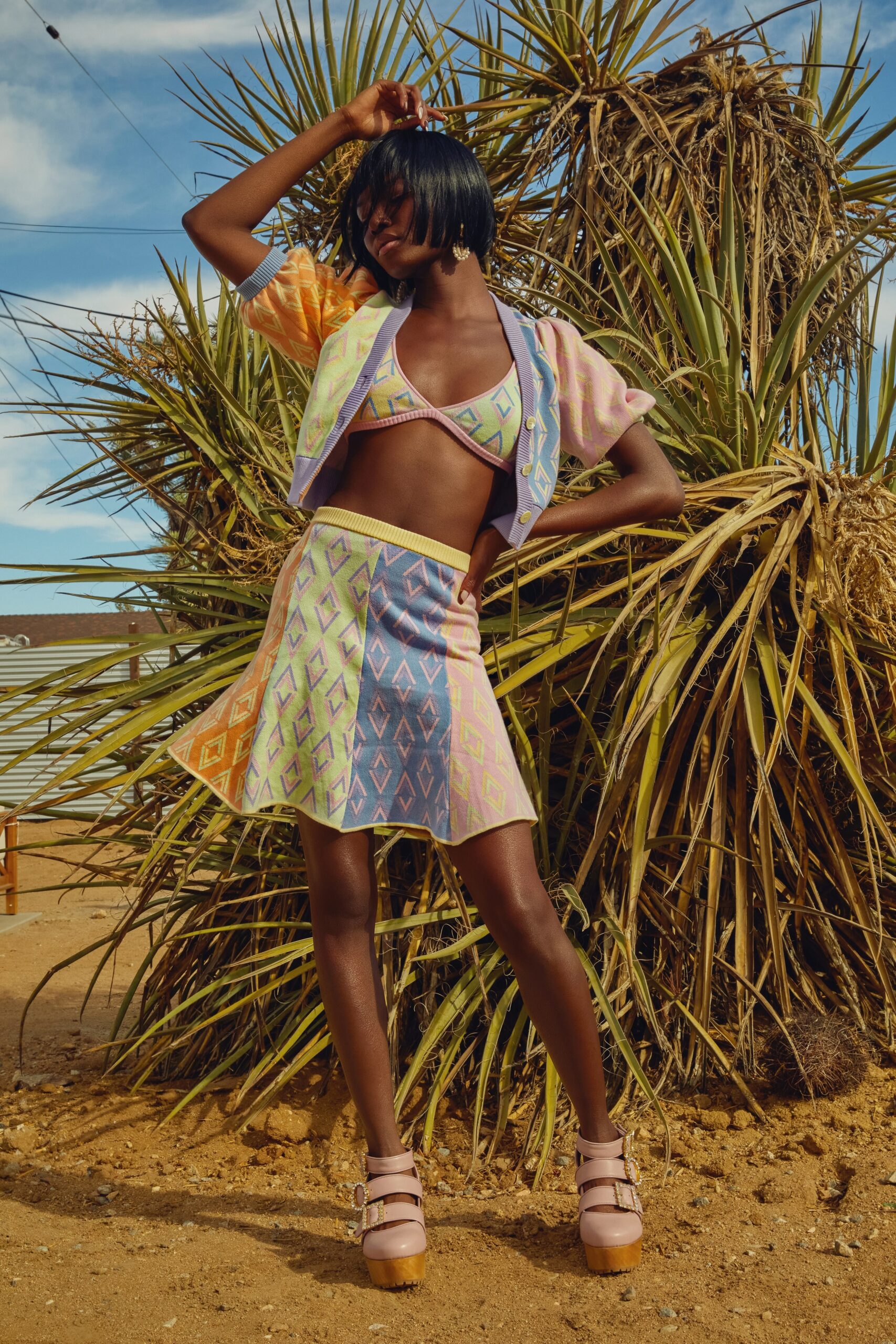 color-blocked fitted top and mini skirt