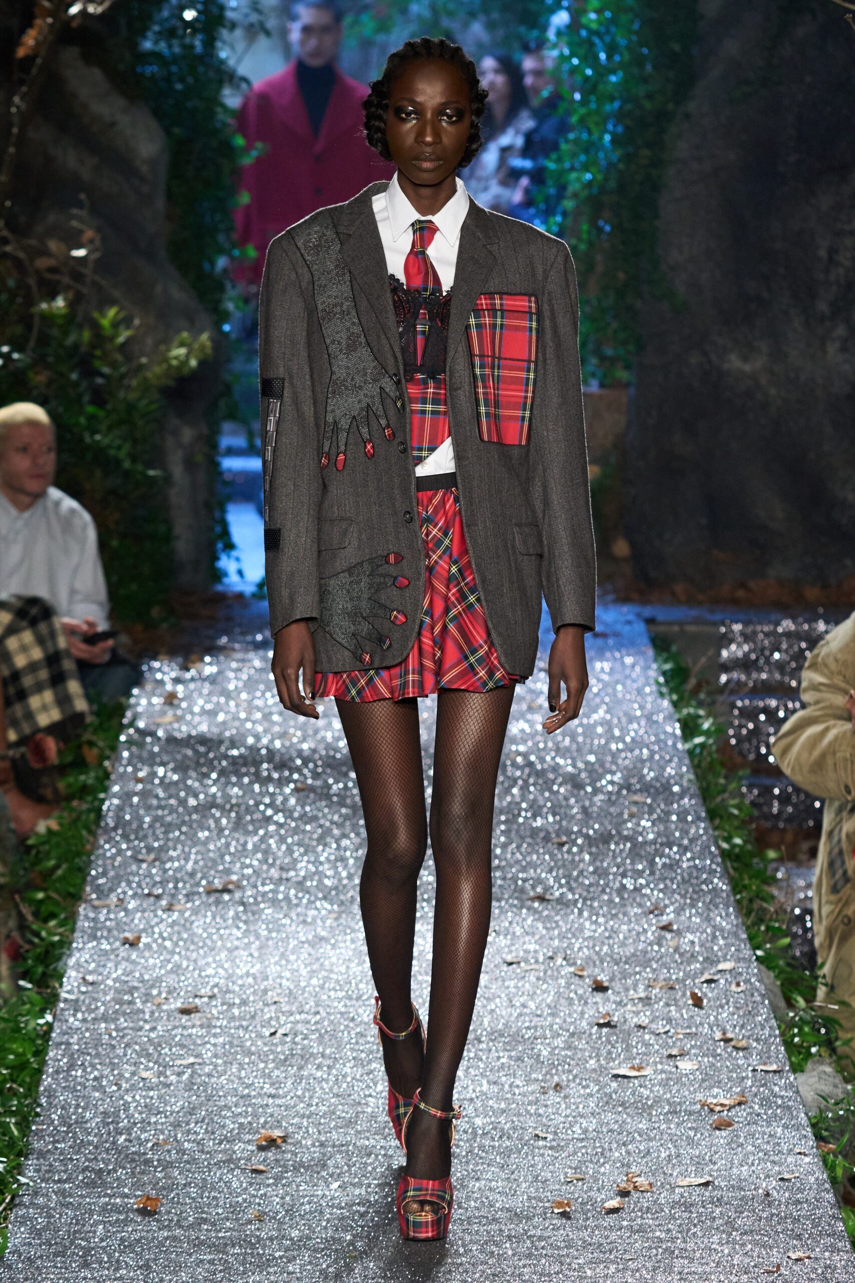 tailored gray blazer with checkered skirt