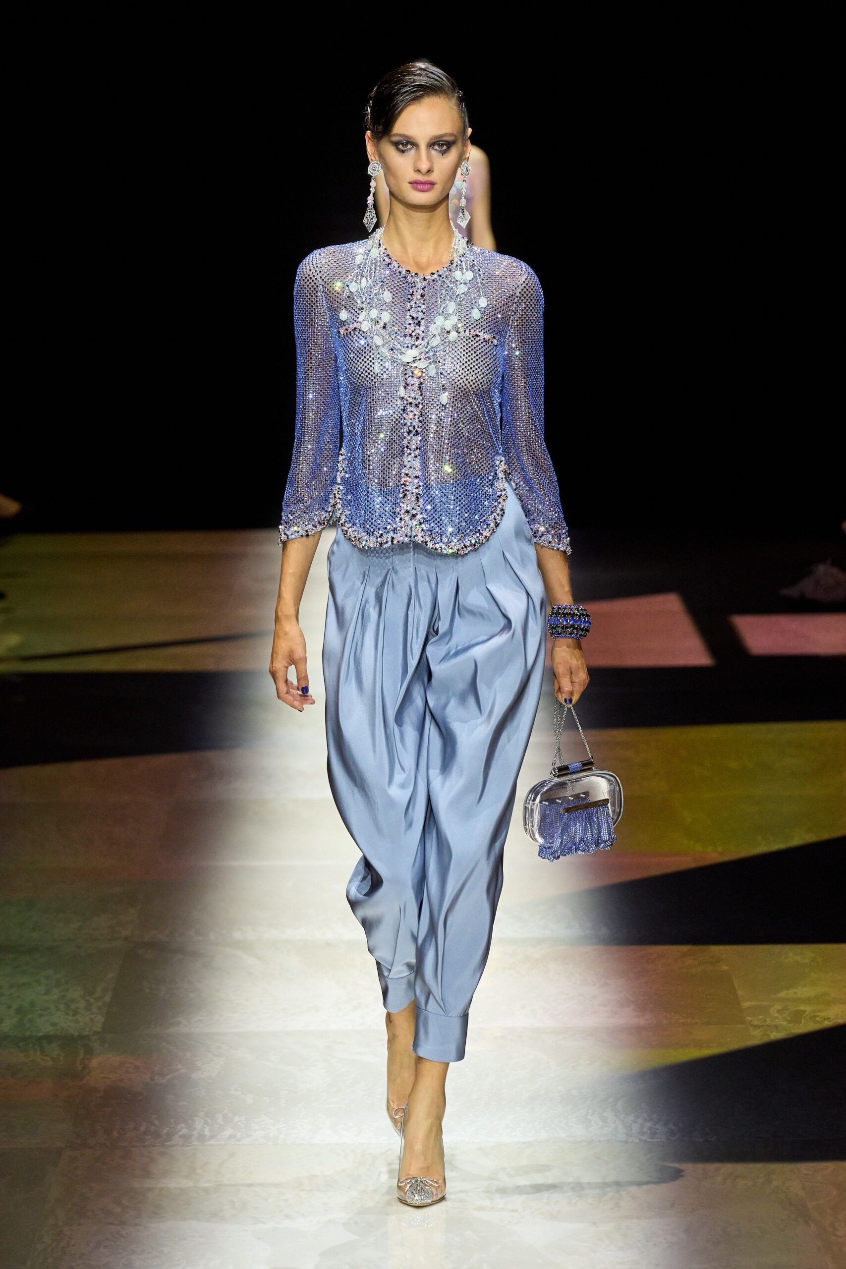 blue silk embellished blouse and relaxed pants