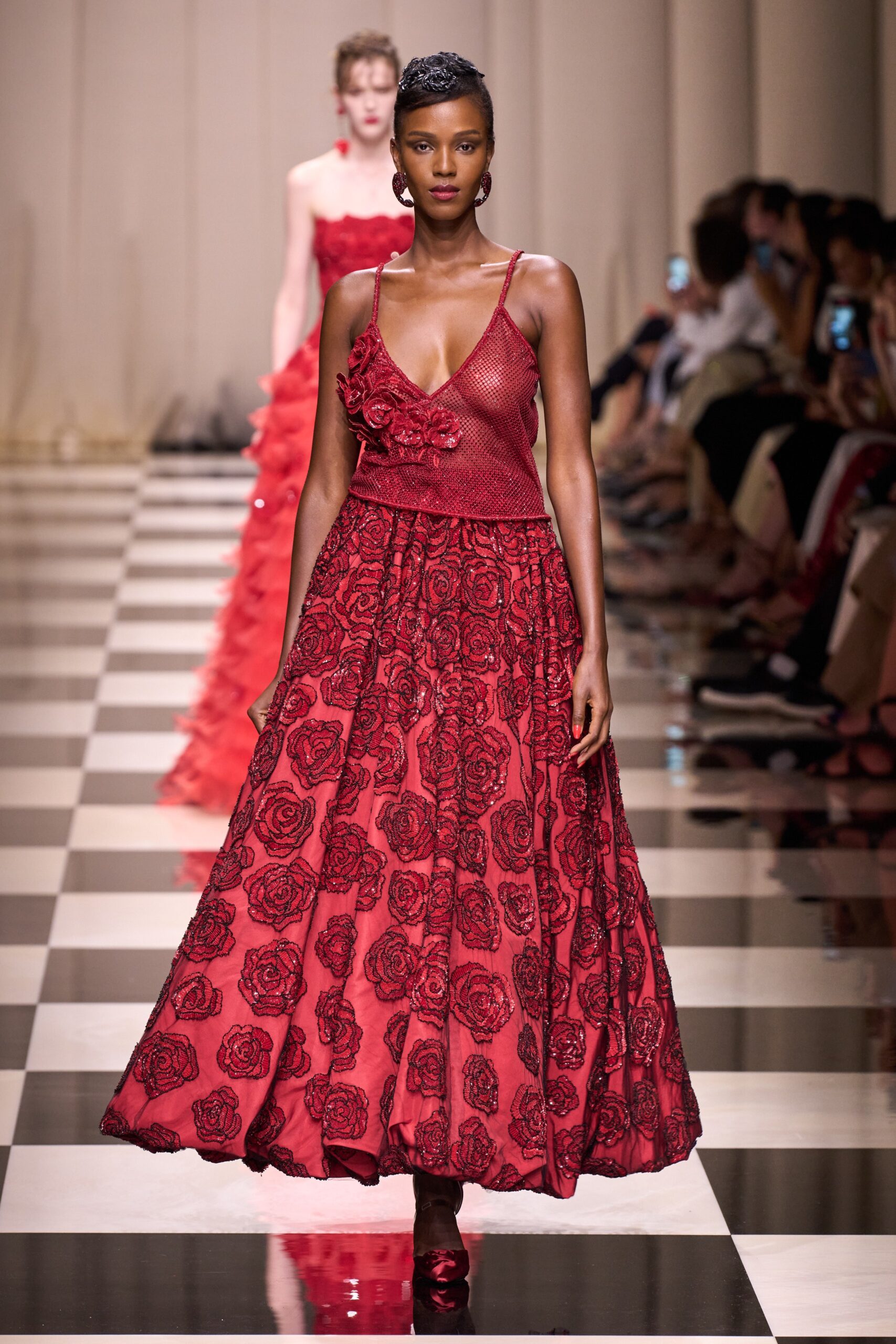 red embroidered sleeveless dress