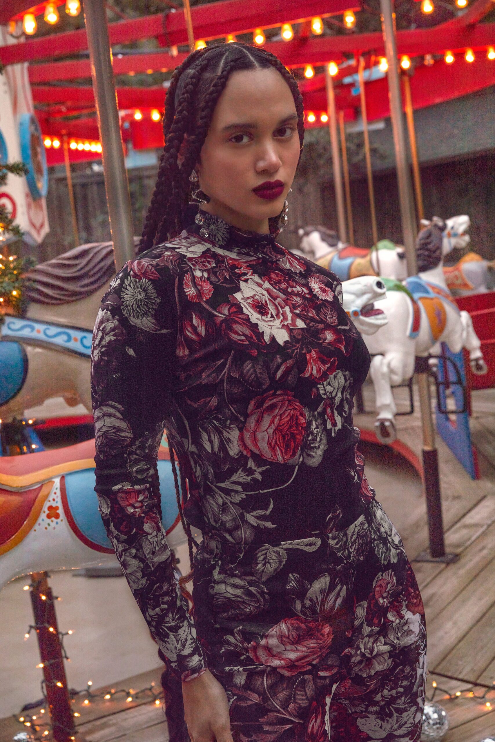 fitted black floral midi dress