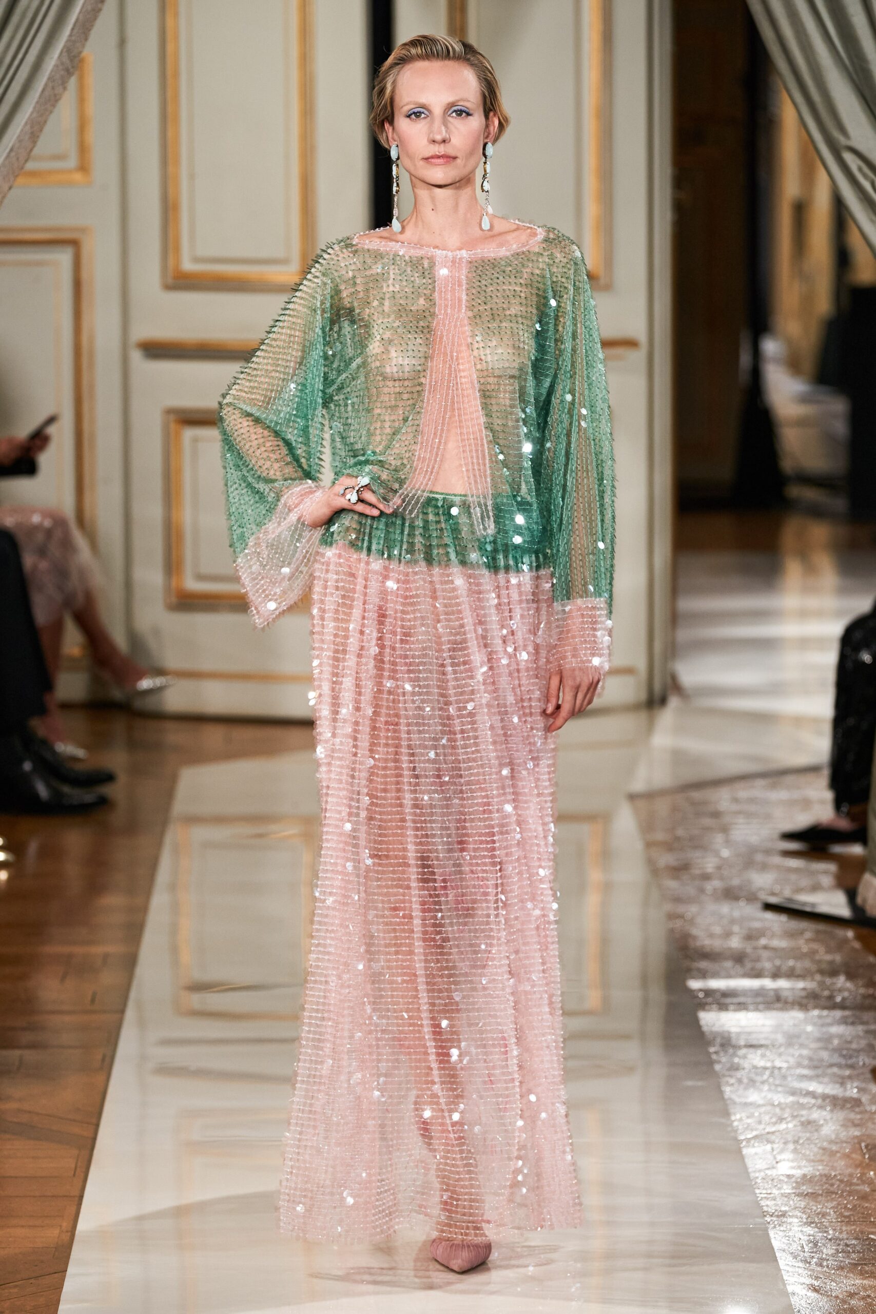 green and pink sequin gown