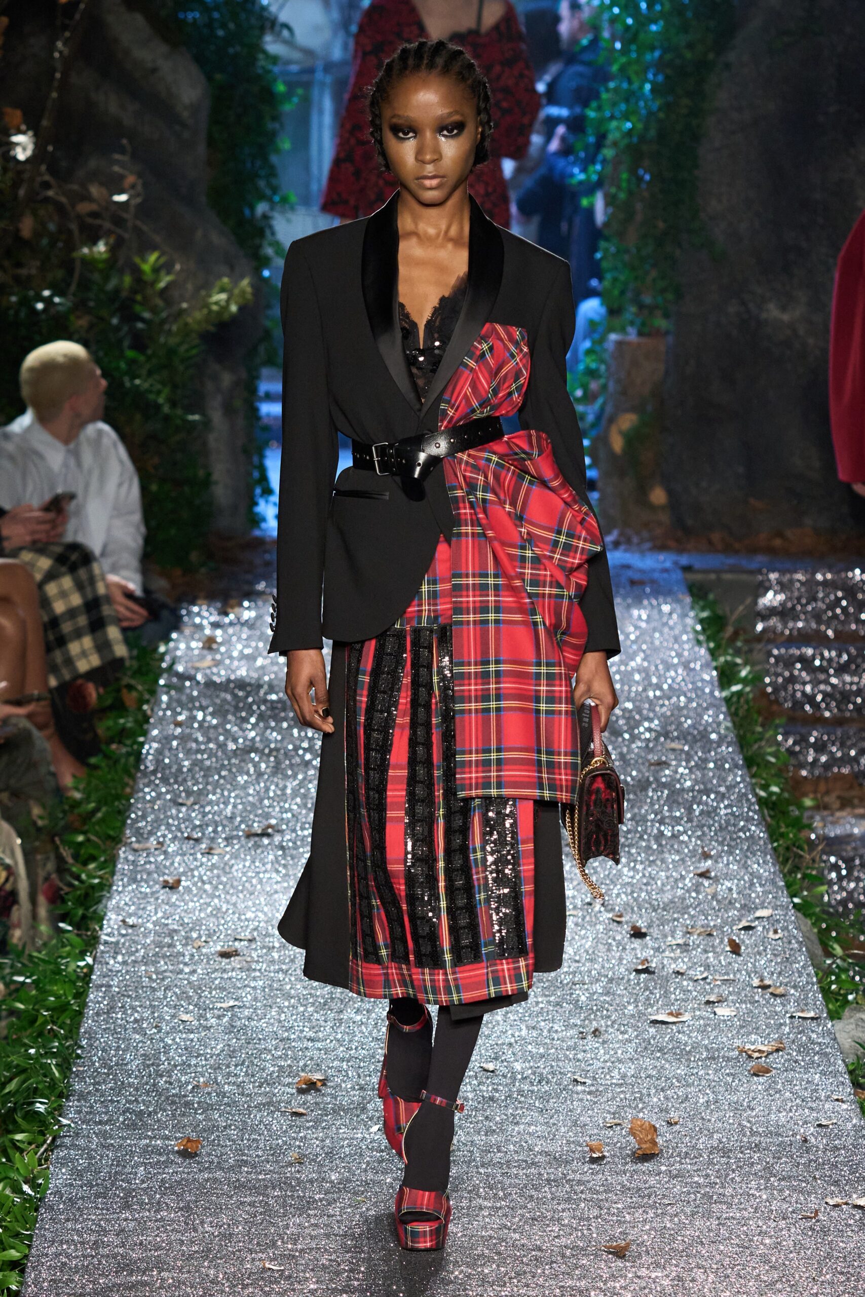 black tailored blazer and red midi dress