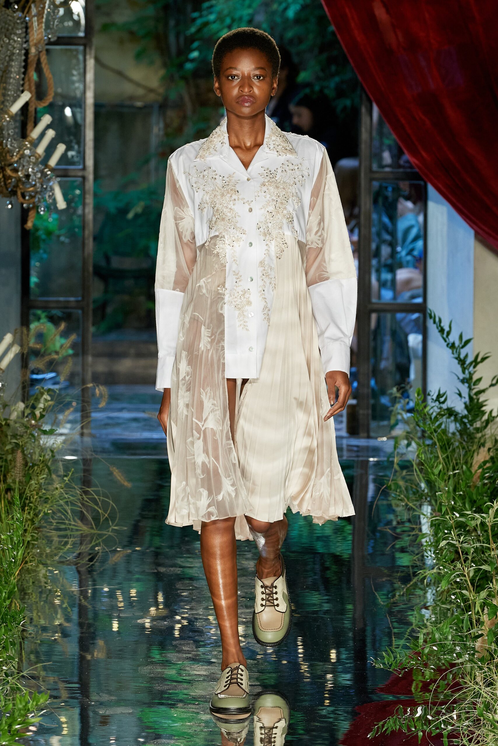 white beige layered embroidered dress