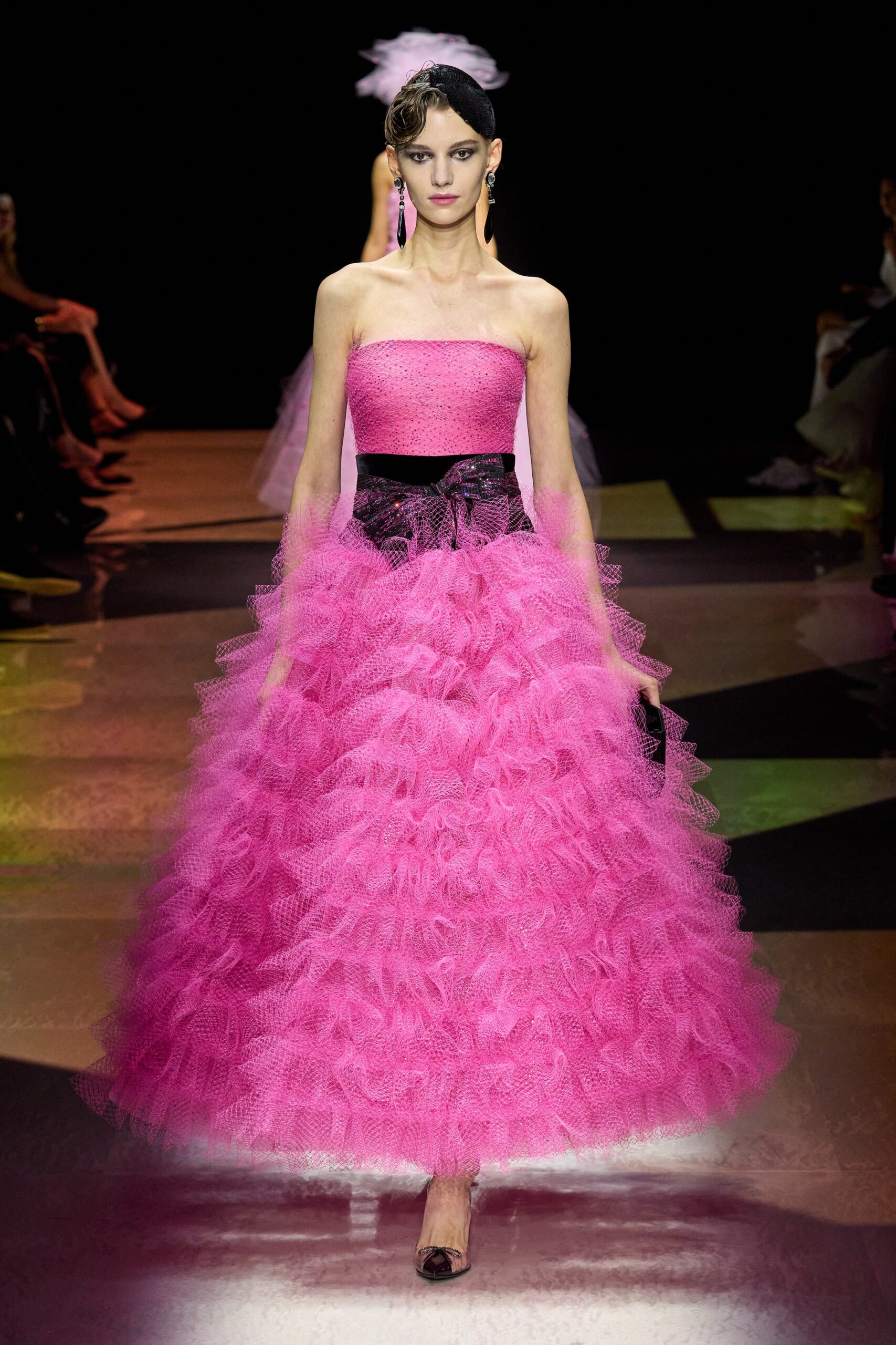 pink ruffled strapless gown