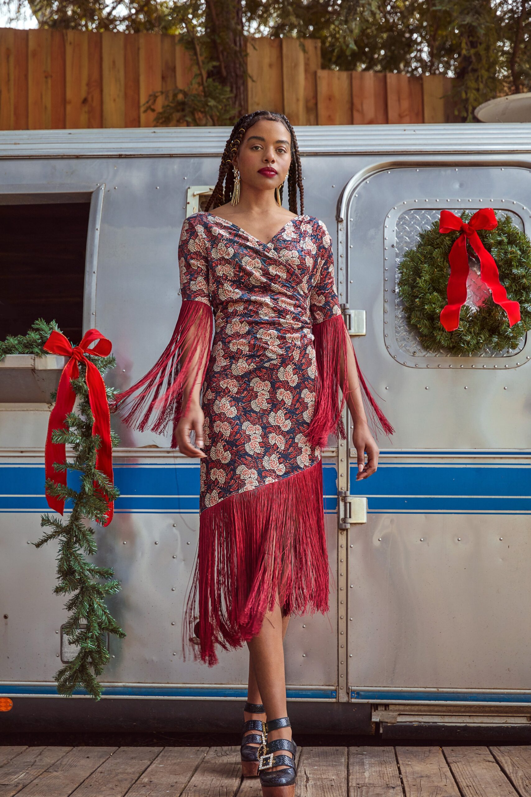 multi-colored fringed midi dress