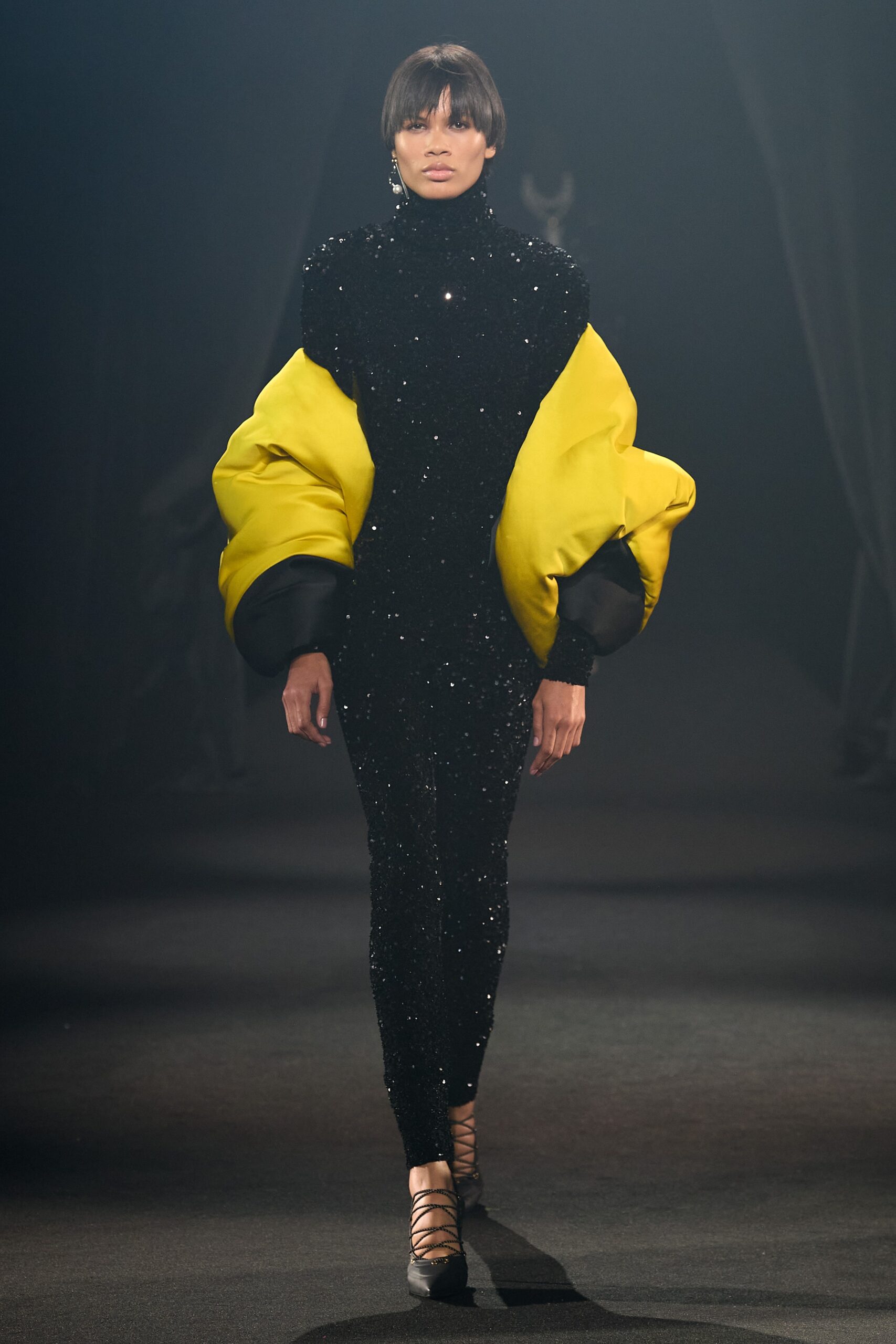 yellow silk oversized padded jacket