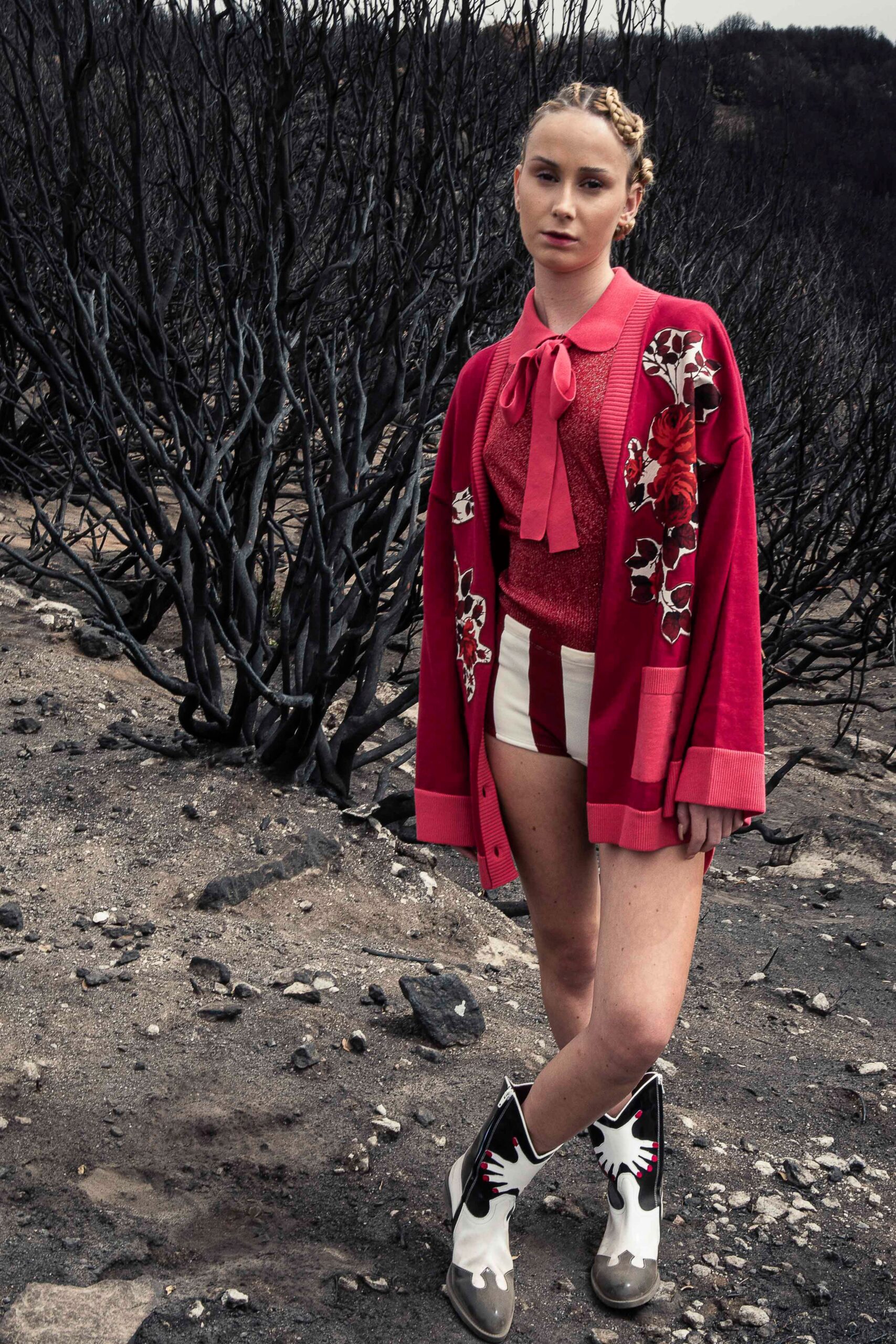 red cardigan with embroidered details