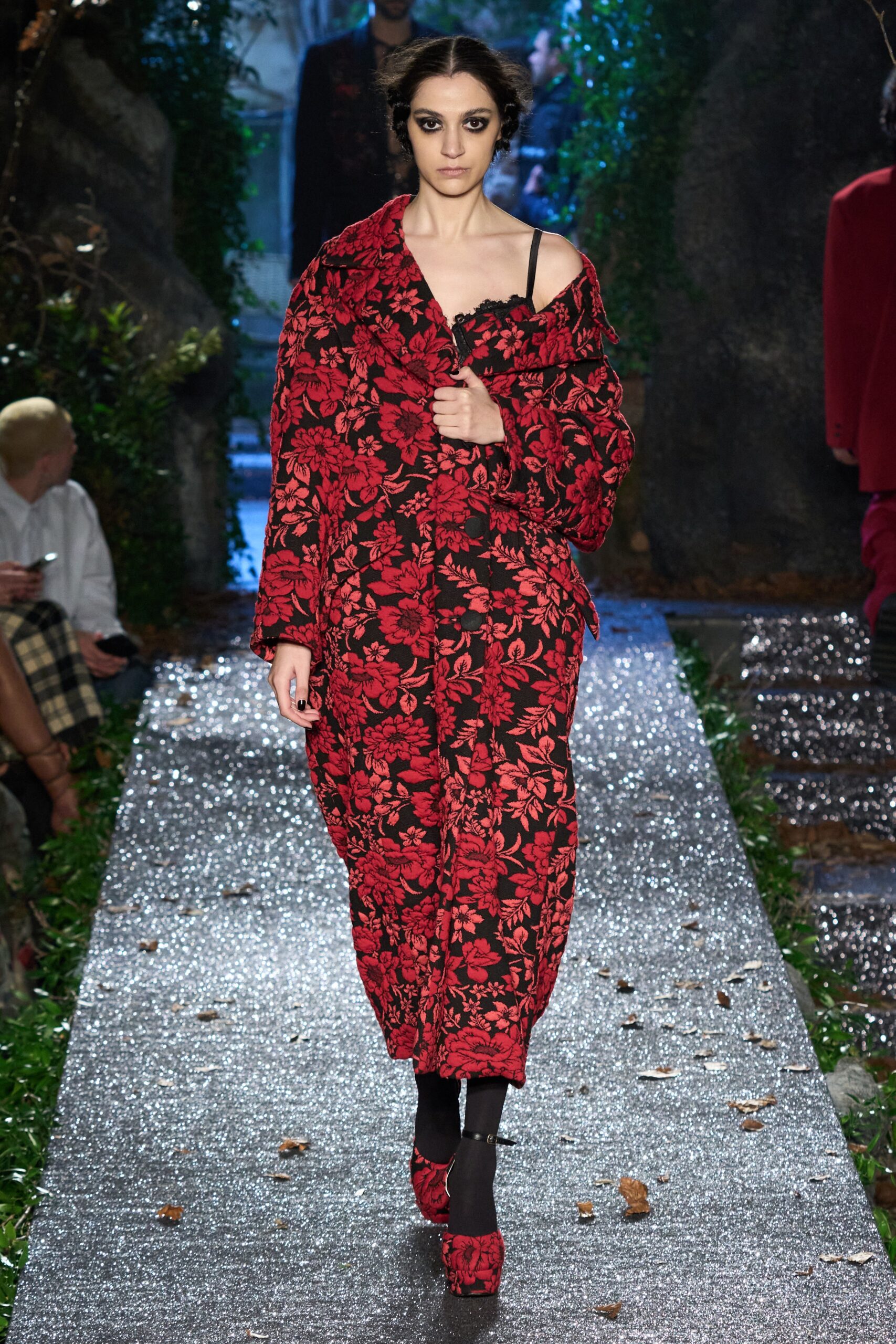 oversized red and black embroidered coat