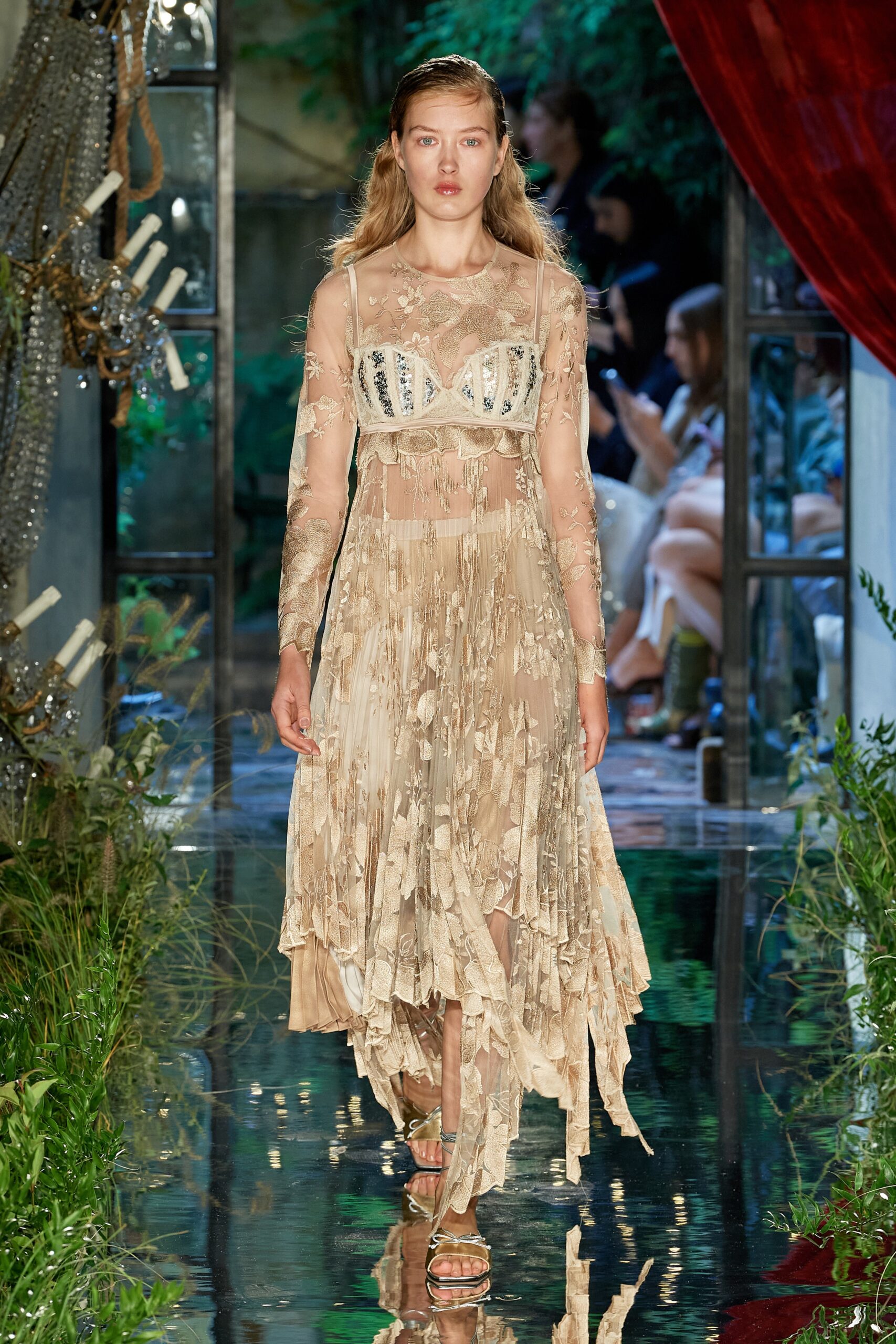 beige pleated midi dress with corset